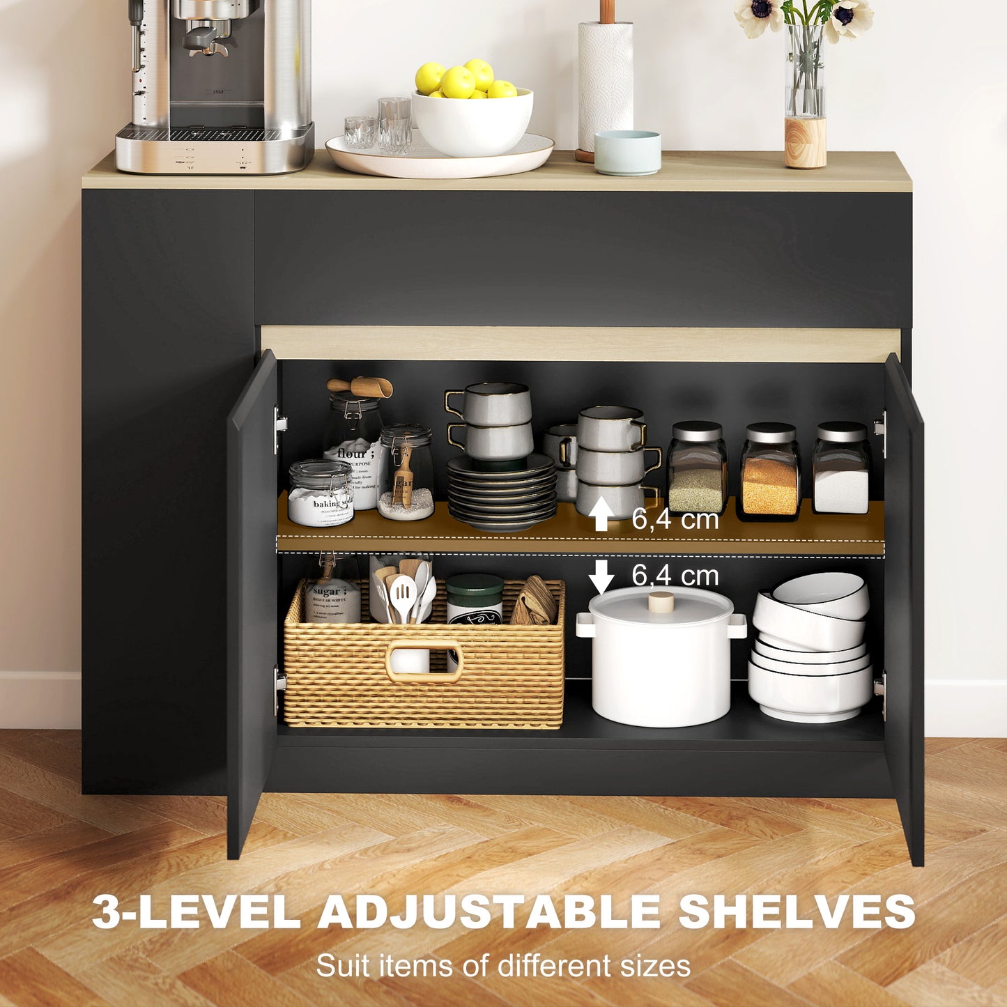 HOMCOM Kitchen Island With Storage Cabinet And Adjustable Shelf Two Drawers Three Open Shelves Black