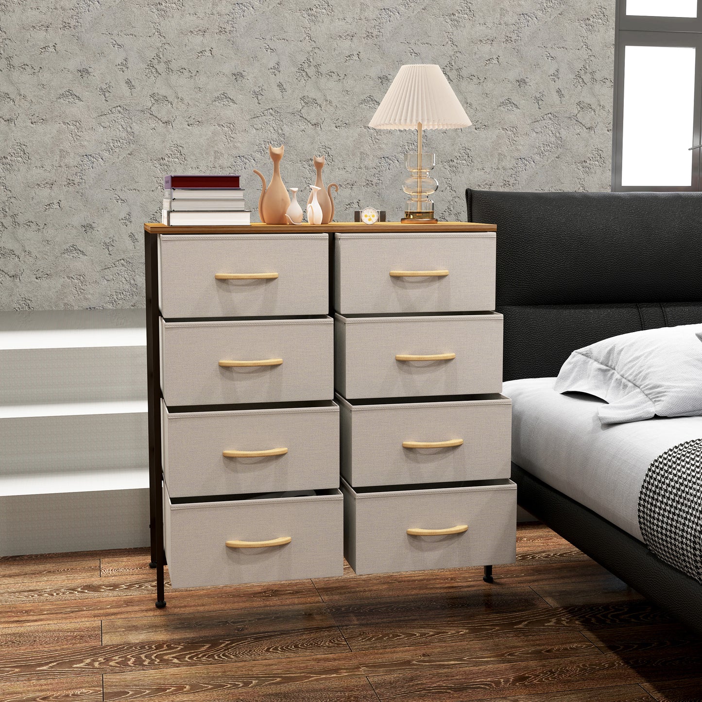 HOMCOM Fabric Chest Of Drawers With 8 Fabric Drawers Steel Frame And Wooden Top Cream White For Nursery