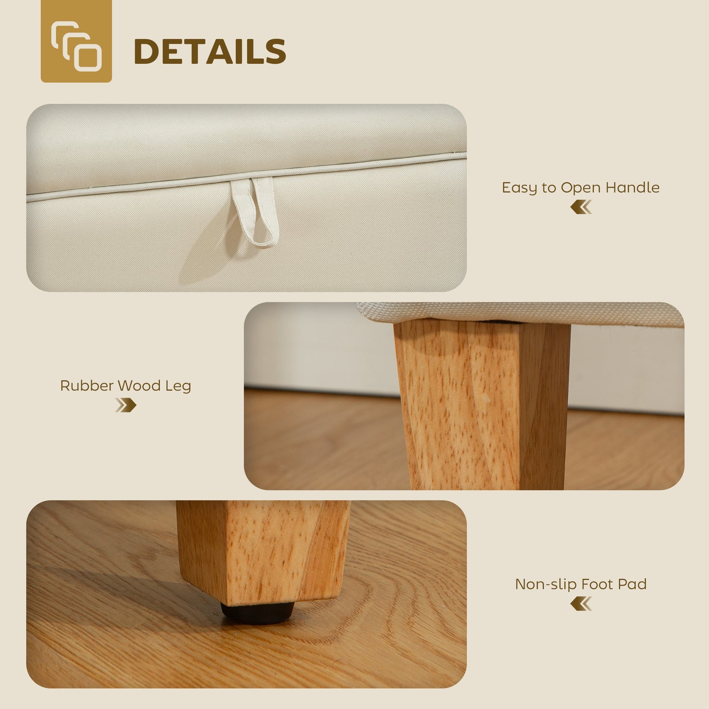 HOMCOM 30L Linen Storage Ottoman Padded Footstool With Rubberwood Legs Beige For Storage Box Bed End Shoe Bench Seating