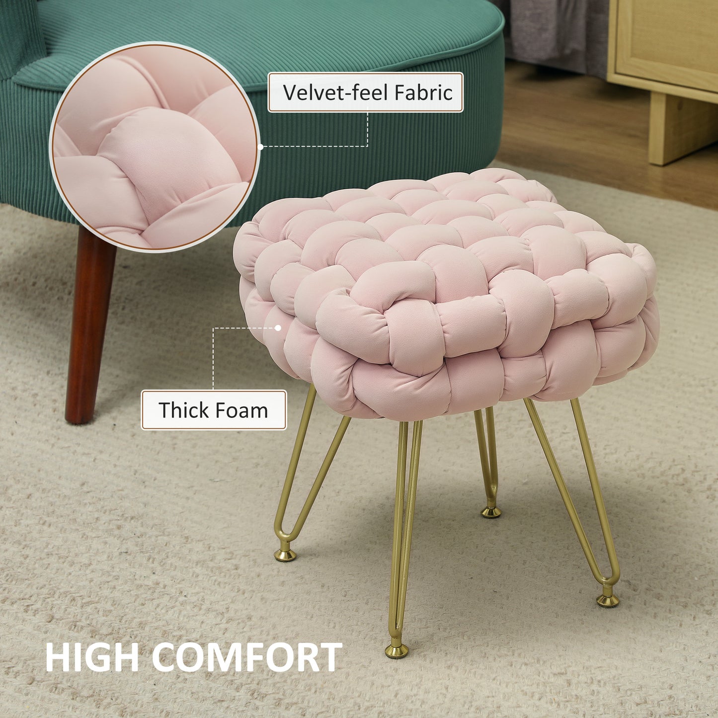 HOMCOM Velvet Feel Bold Cross Woven Footstool Pink for Living Room Bedroom Hallway and Office