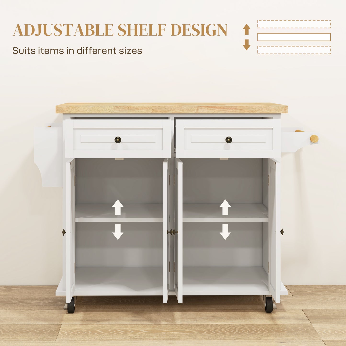 HOMCOM Rolling Kitchen Island Storage Trolley With Rubber Wood Top 2 Drawers 2 Cabinets Towel Bar Cream White