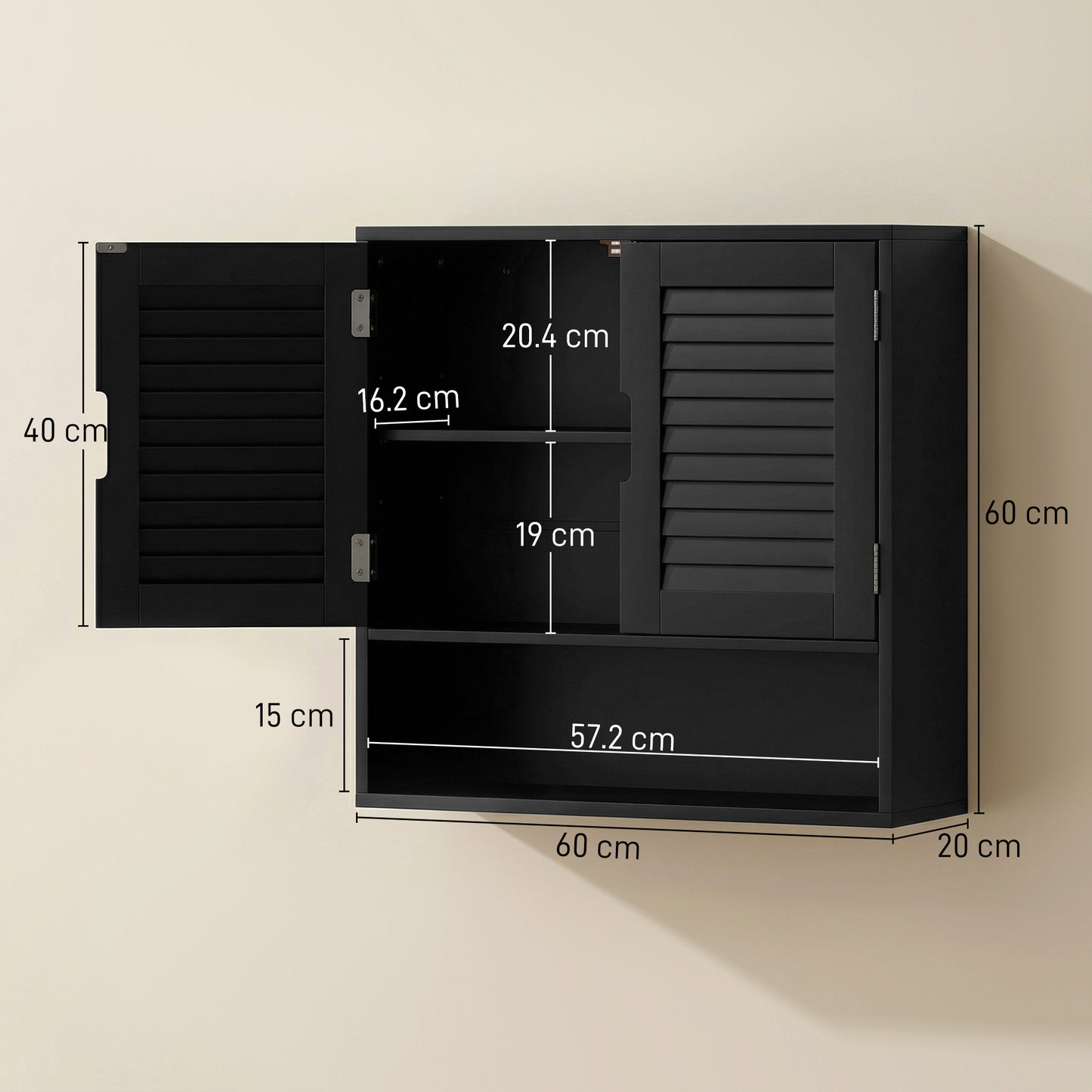 HOMCOM Wall Mounted Bathroom Cabinet With Adjustable Shelves Black 60 X 20 X 60 Cm