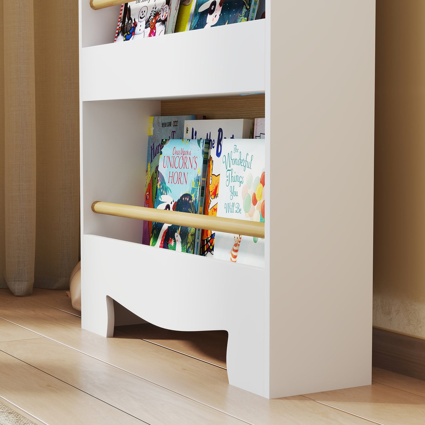 AIYAPLAY Bear Themed Kids Bookshelf 3 Tier White Space Saving Bookcase For Living Room Toddler