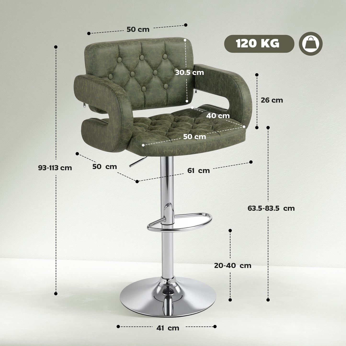 HOMCOM PU Leather Upholstered Swivel Bar Stool With Backrest Armrests Footrest Height Adjustable Green