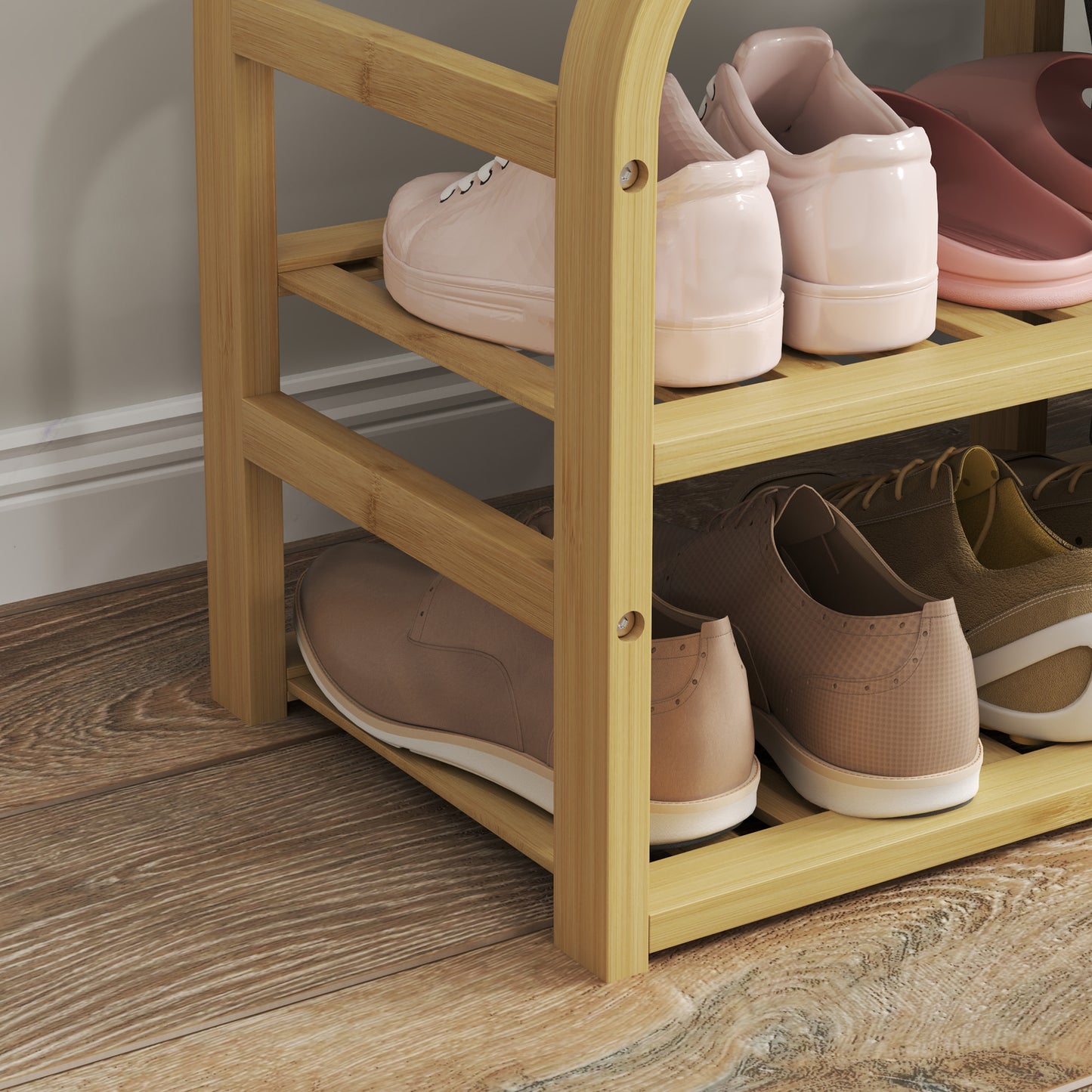 HOMCOM Bamboo Shoe Storage Bench With Cushioned Seat And Linen Fabric Upholstery Nature Wood Finish