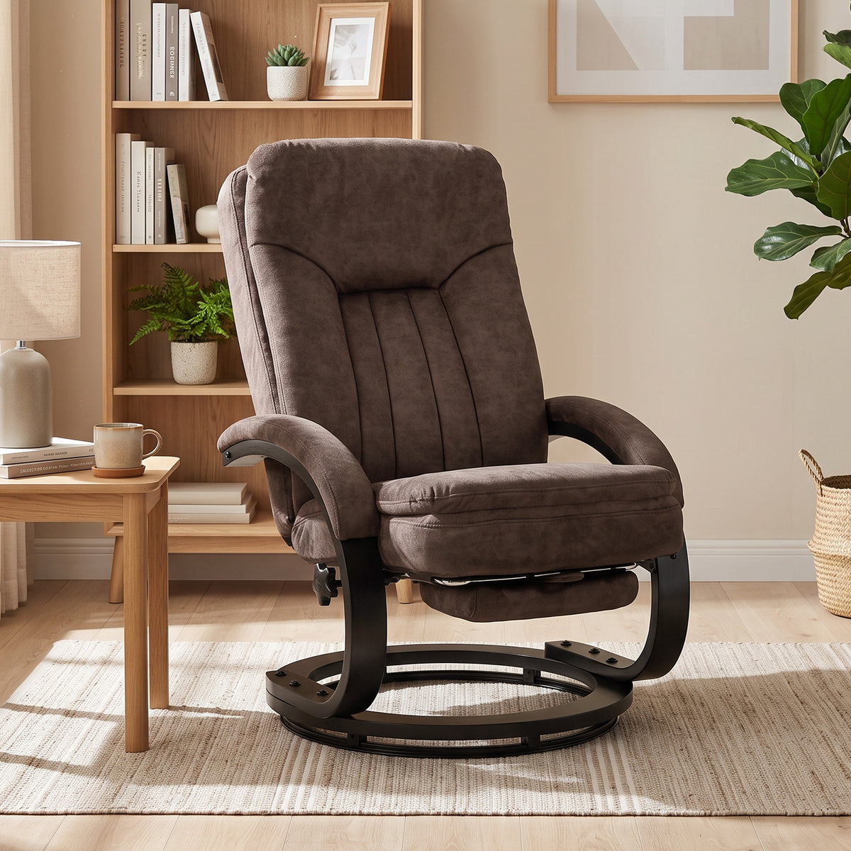 Dark brown velvet swivel recliner chair with retractable footrest, angled side view