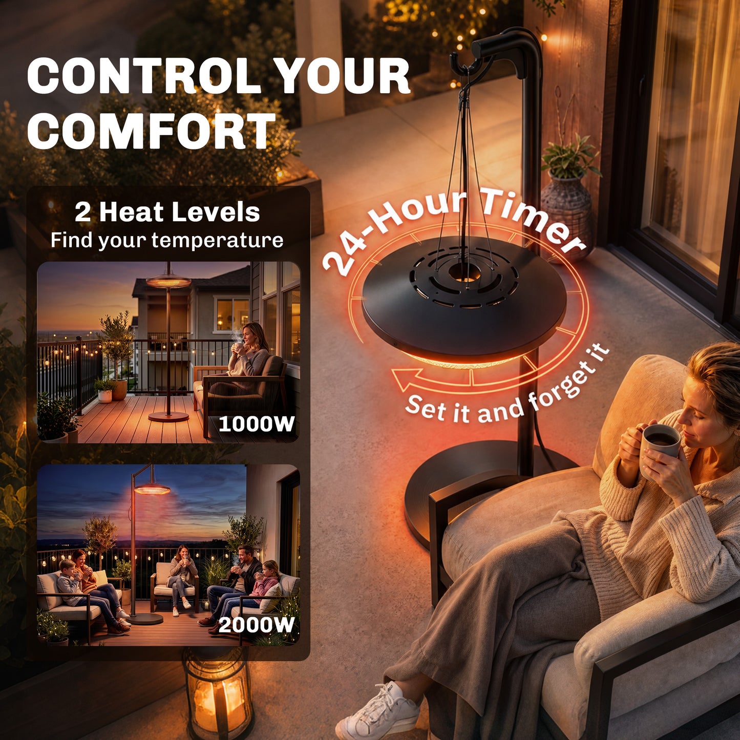 Outsunny 2000W Hanging Electric Patio Heater With LED Light And Remote