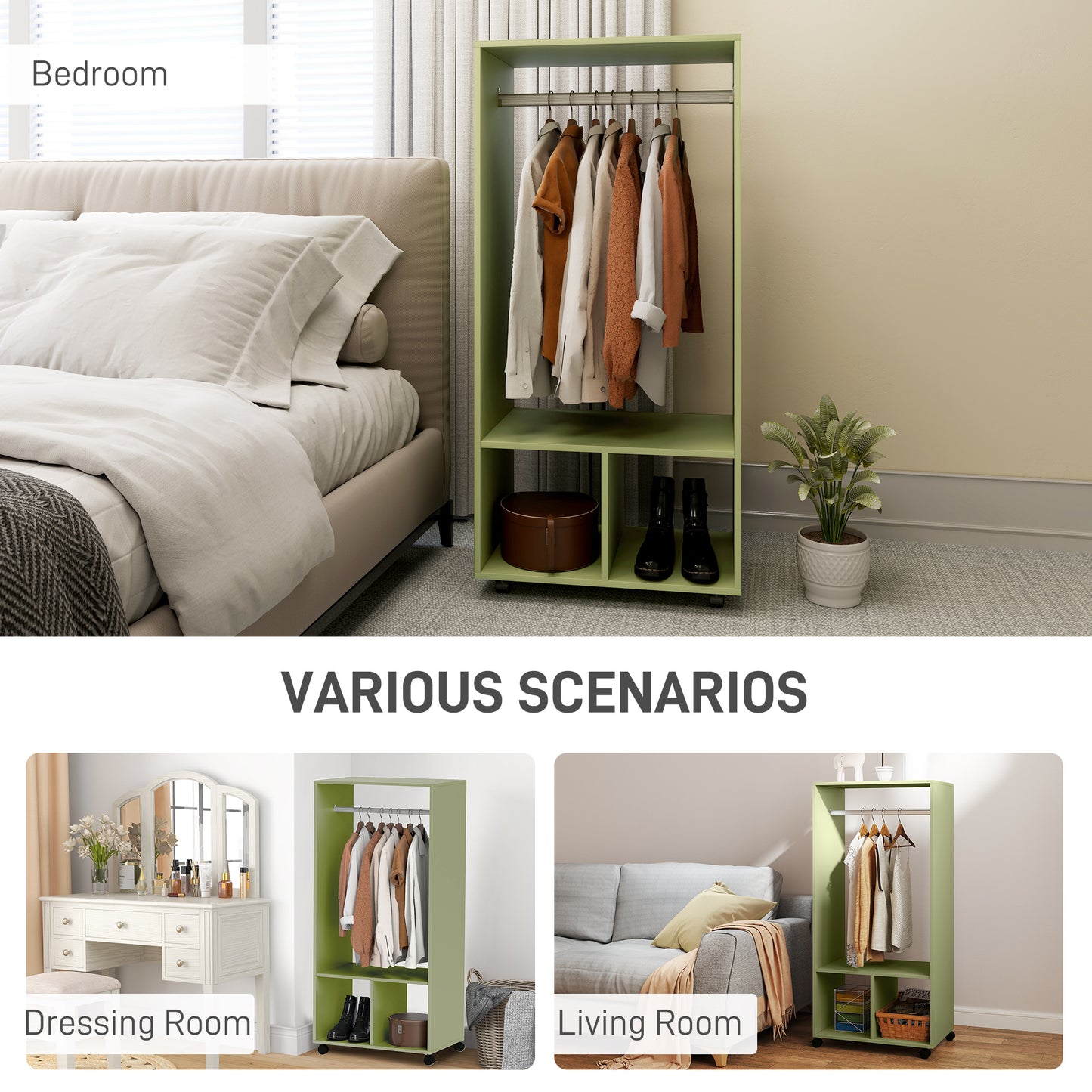 HOMCOM Open Wardrobe On Wheels With Hanging Rail And Two Storage Shelves In Green For Cloakroom And Hallway