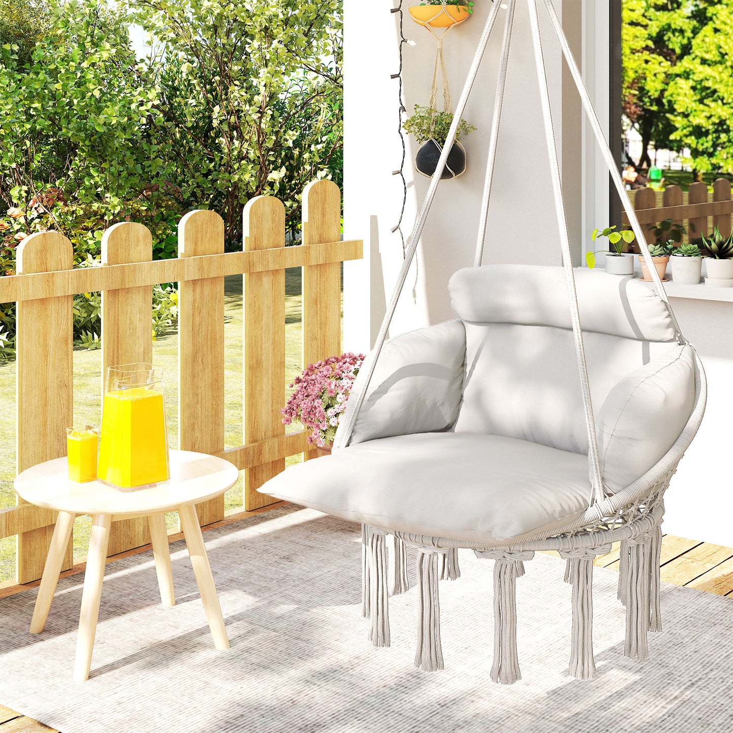 Outsunny Outdoor Hammock Chair With Plush Cushion Cotton Rope Boho Style Swing Cream White