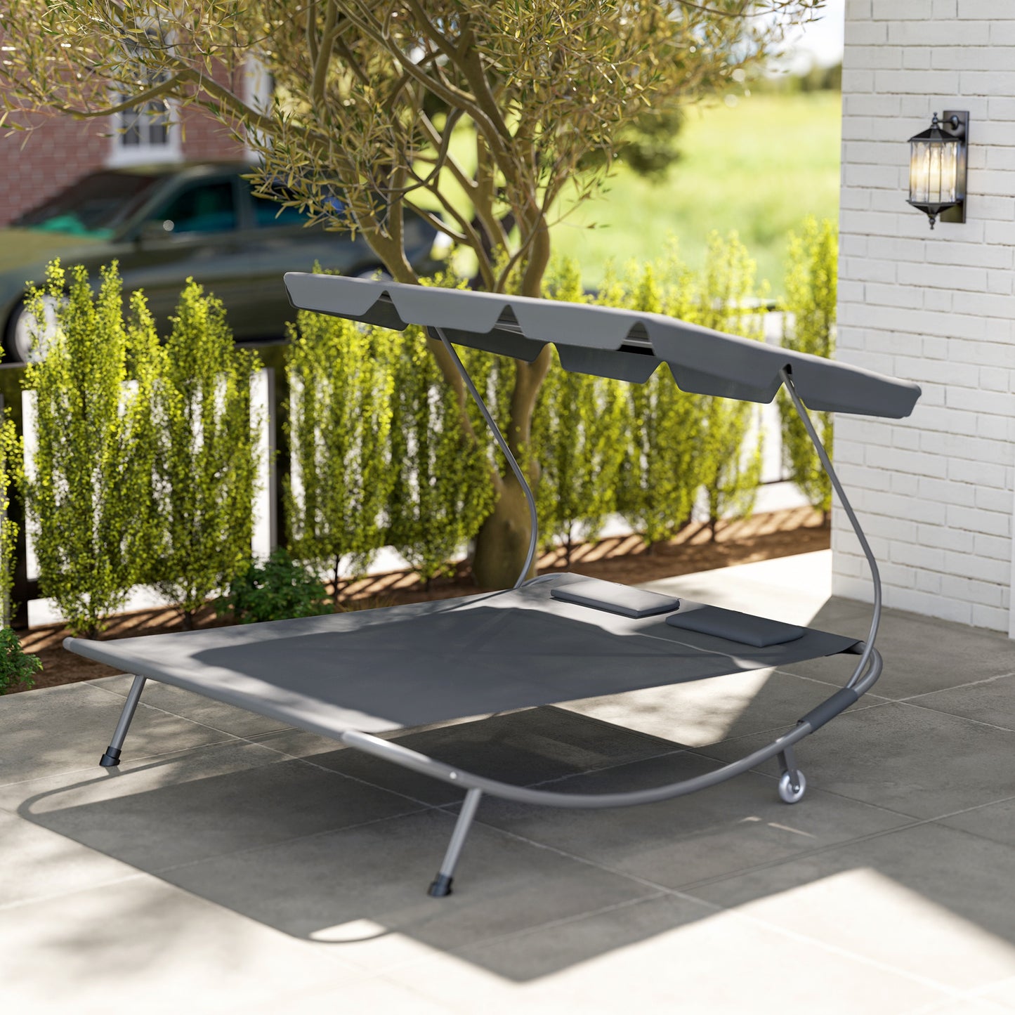 Outsunny Double Outdoor Bed With Adjustable Detachable Canopy Steel Frame And Wheels Light Grey