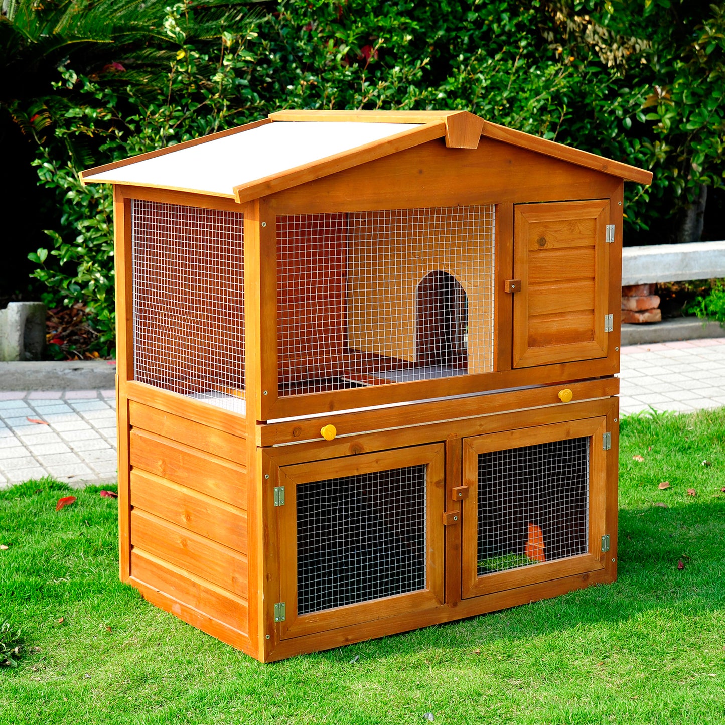 PawHut Deluxe 2-Story Wooden Rabbit Hutch with Run and Sliding Tray for Small Animals - ALL4U RETAILER LTD