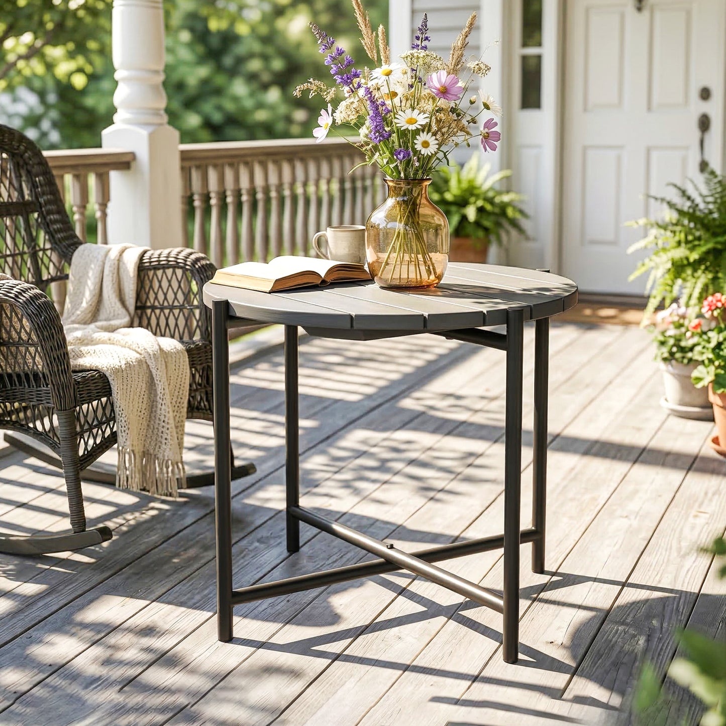 Outsunny 54 Cm Round Outdoor Side Table With Slatted Wood Top And Industrial Metal Frame Dark Grey