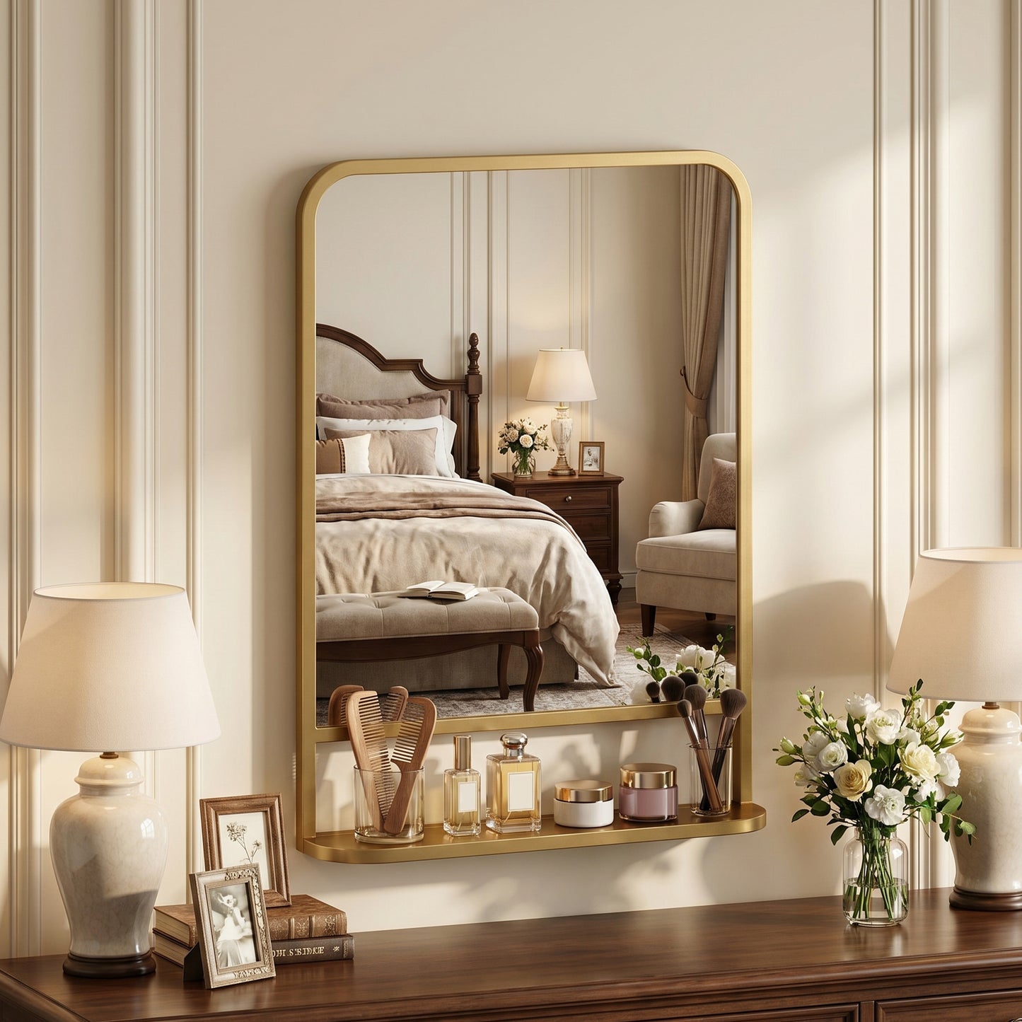 HOMCOM Modern Rectangular Wall Mirror With Storage Shelf Gold Tone Frame 70 X 50 Cm
