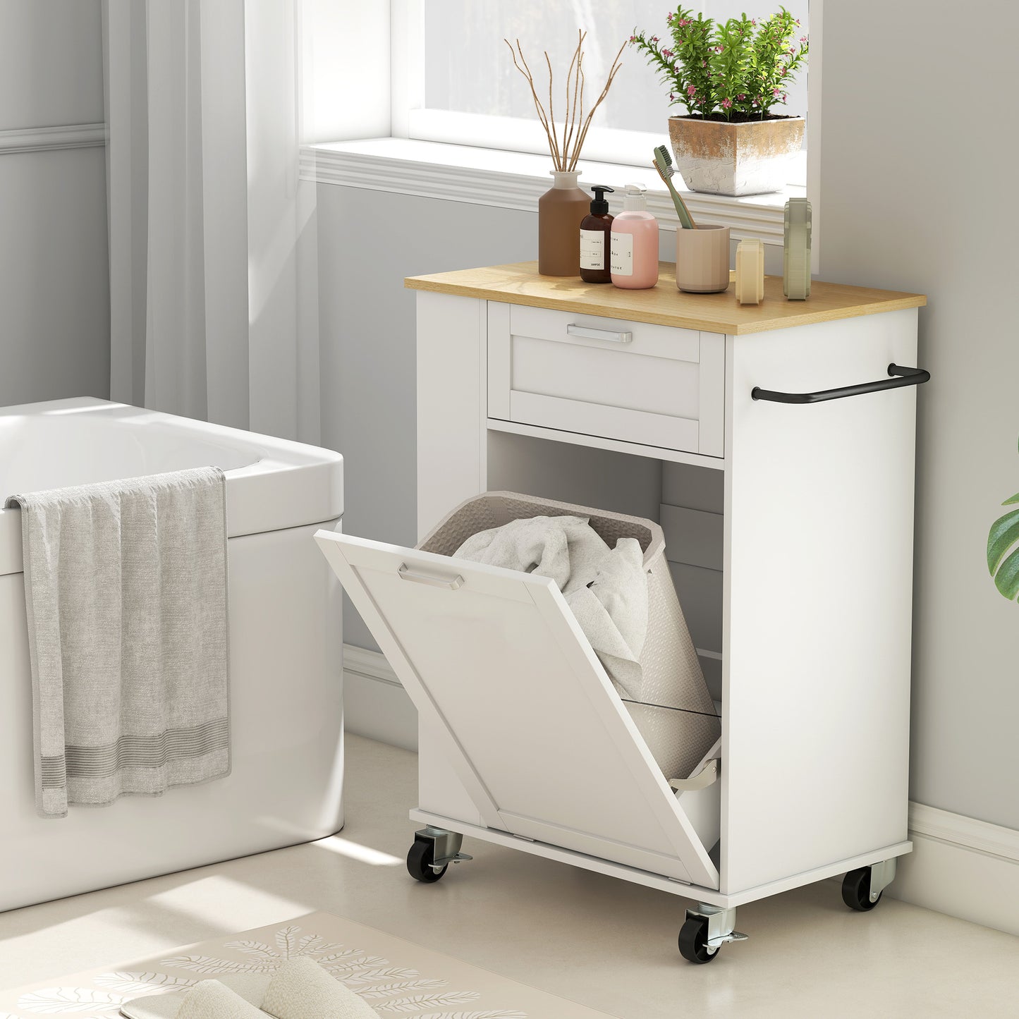 HOMCOM Kitchen Storage Trolley On Wheels Rolling Kitchen Island With 2 Drawers Tilt Out Rubbish Cabinet Storage White