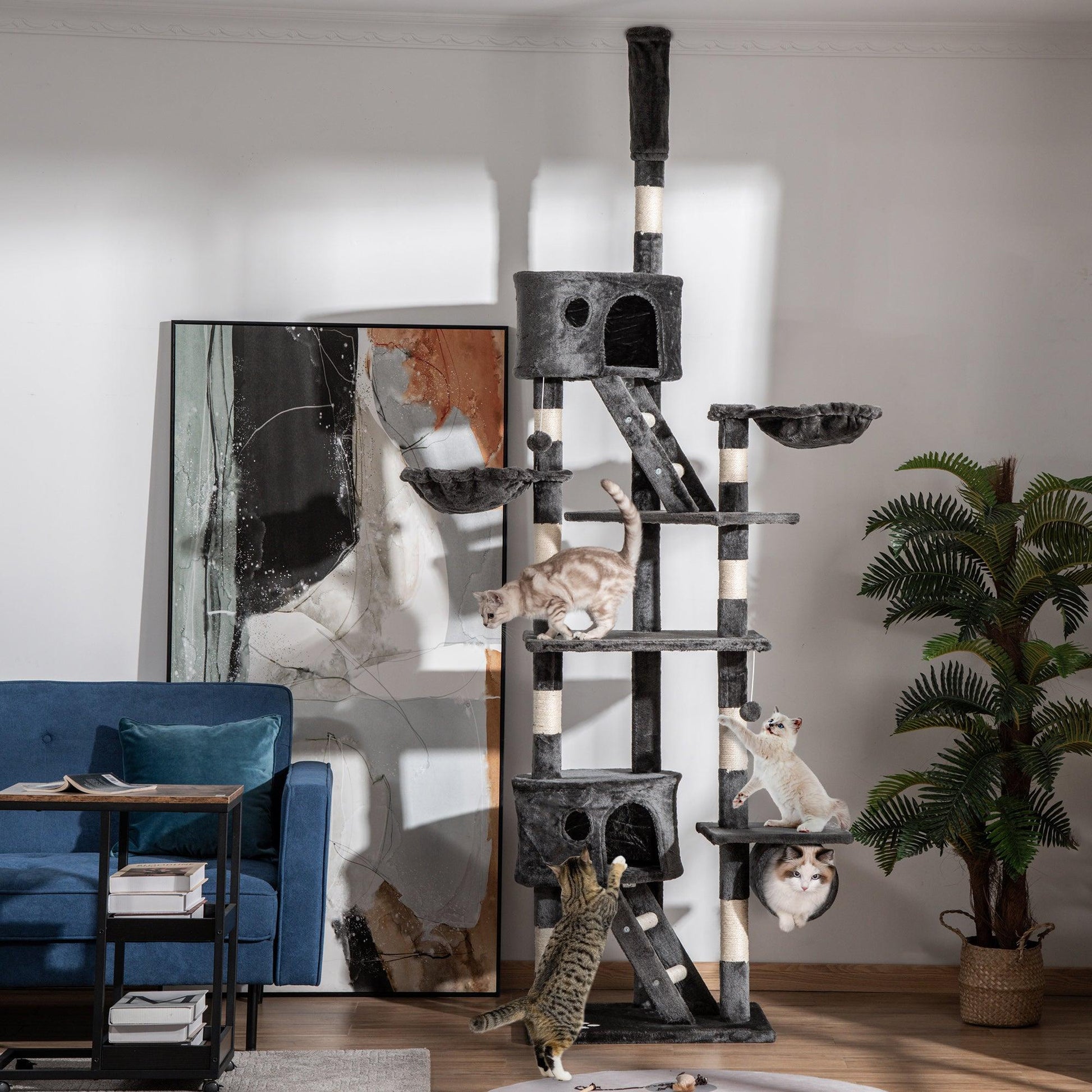 PawHut Floor to Ceiling Cat Tree for Indoor Cats 240-260cm Adjustable Height Dark Grey - ALL4U RETAILER LTD