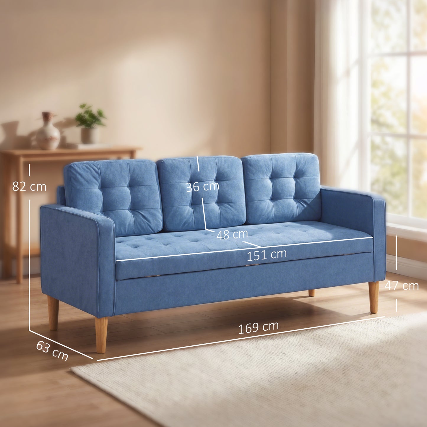 HOMCOM Three Seater Sofa Blue With Hidden Storage And Wood Legs 169cm Couch For Living Room