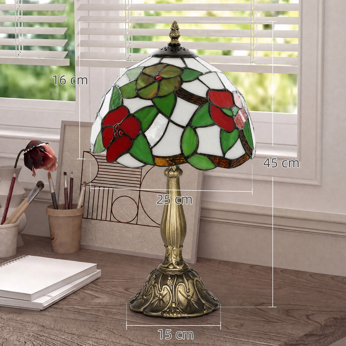 Stained glass table lamp with brass base, 45 cm height, floral stained-glass shade