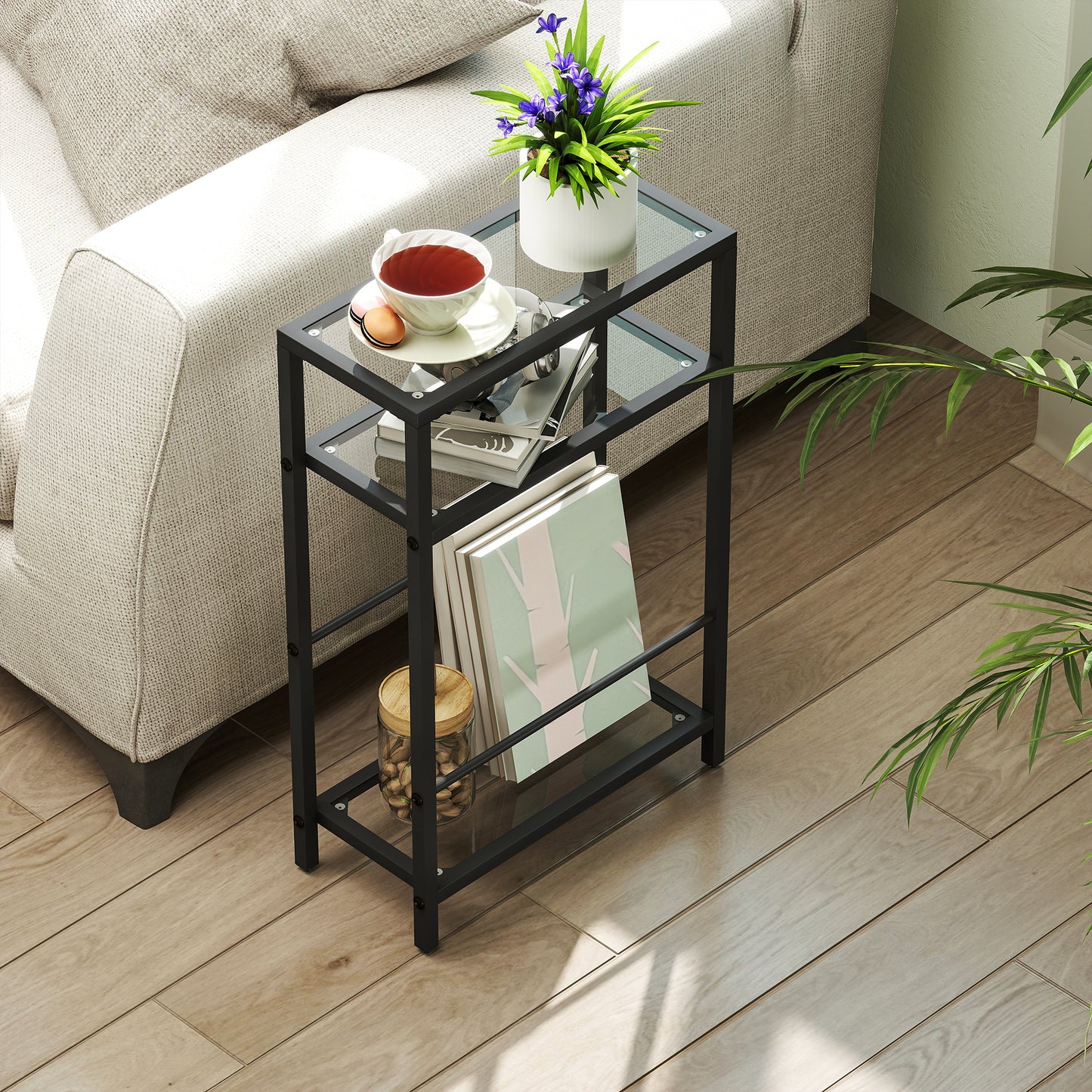 HOMCOM Three Tier Side Table With Tempered Glass Top And Storage Shelf For Small Spaces Black