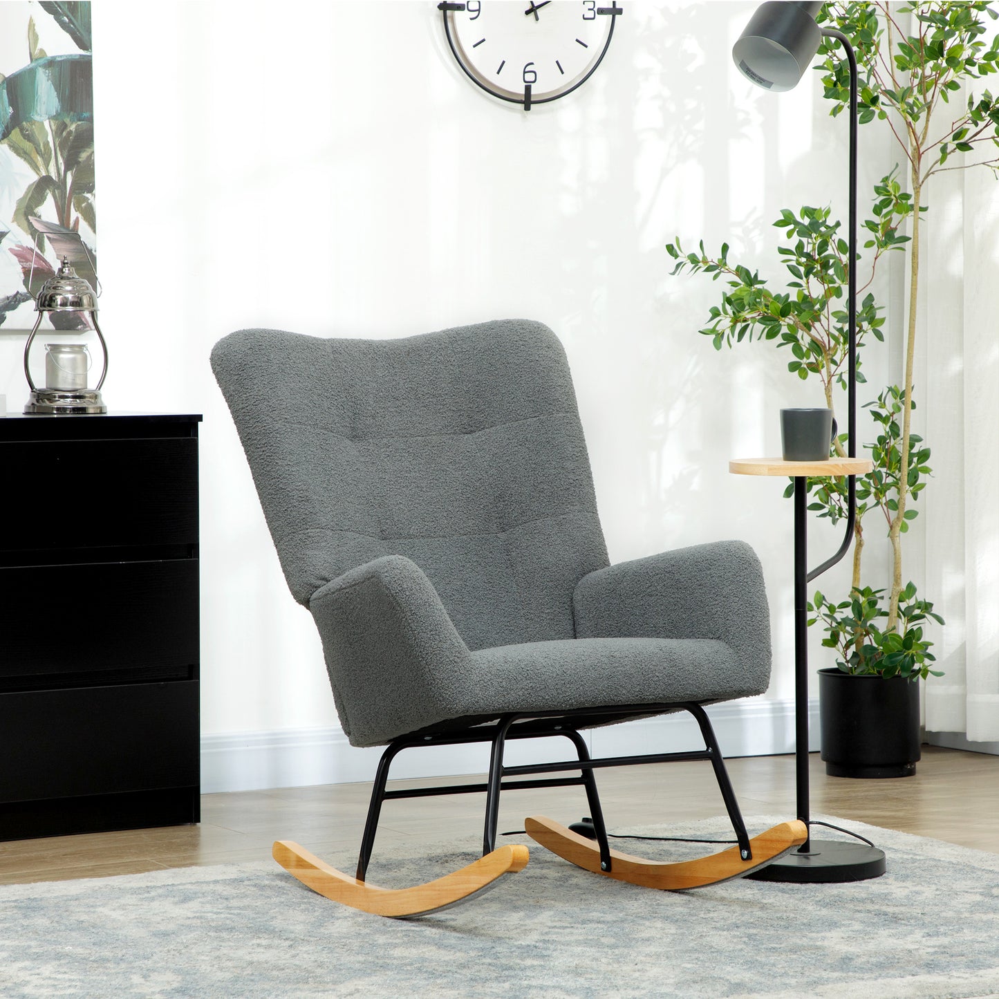 HOMCOM Teddy Fleece Rocking Chair Grey With High Density Foam Padding And Wooden Feet For Gentle 90 To 115 Degree Sway