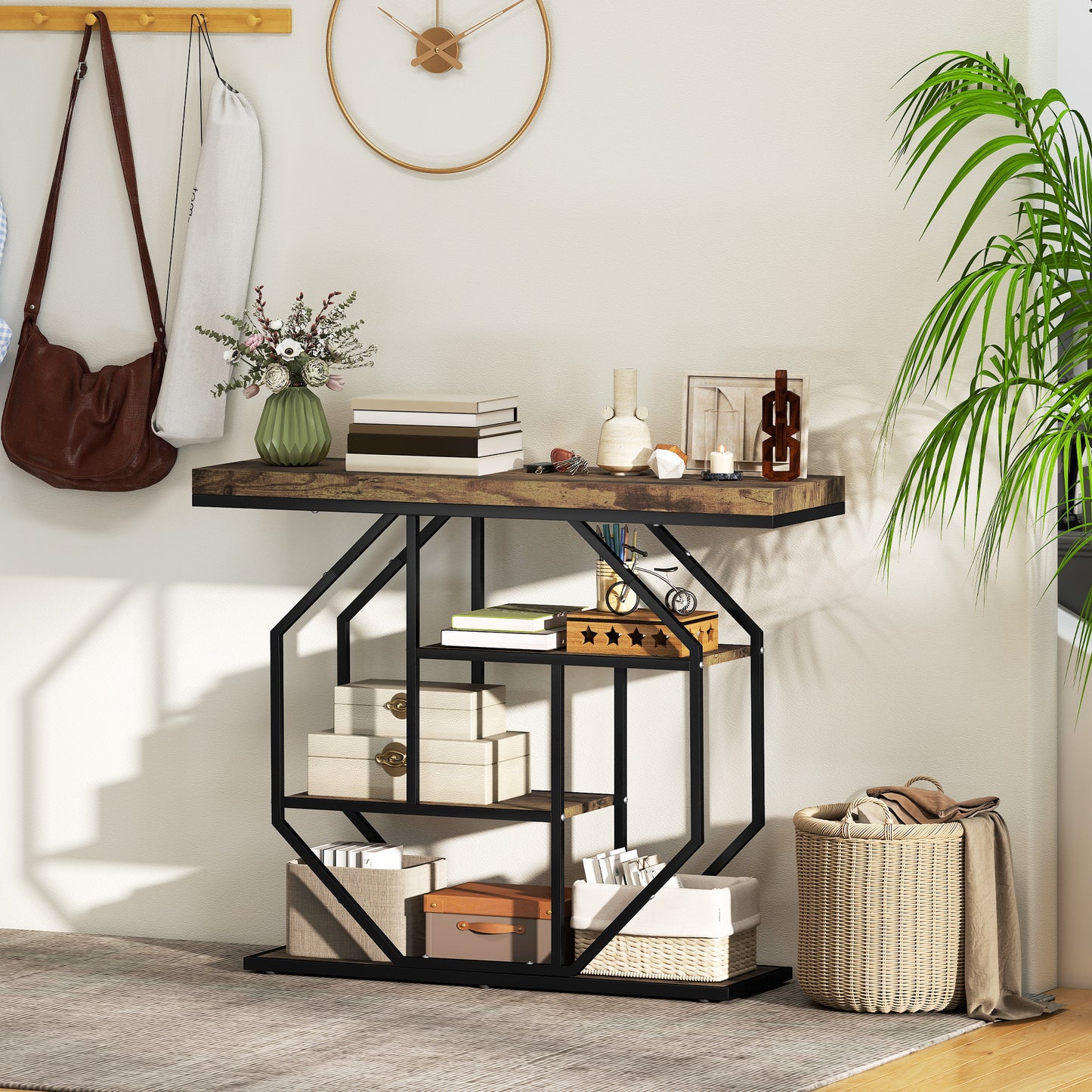 HOMCOM 4-Tier Industrial Console Table With Storage In Rustic Brown Finish For Entryways Hallways And Living Spaces