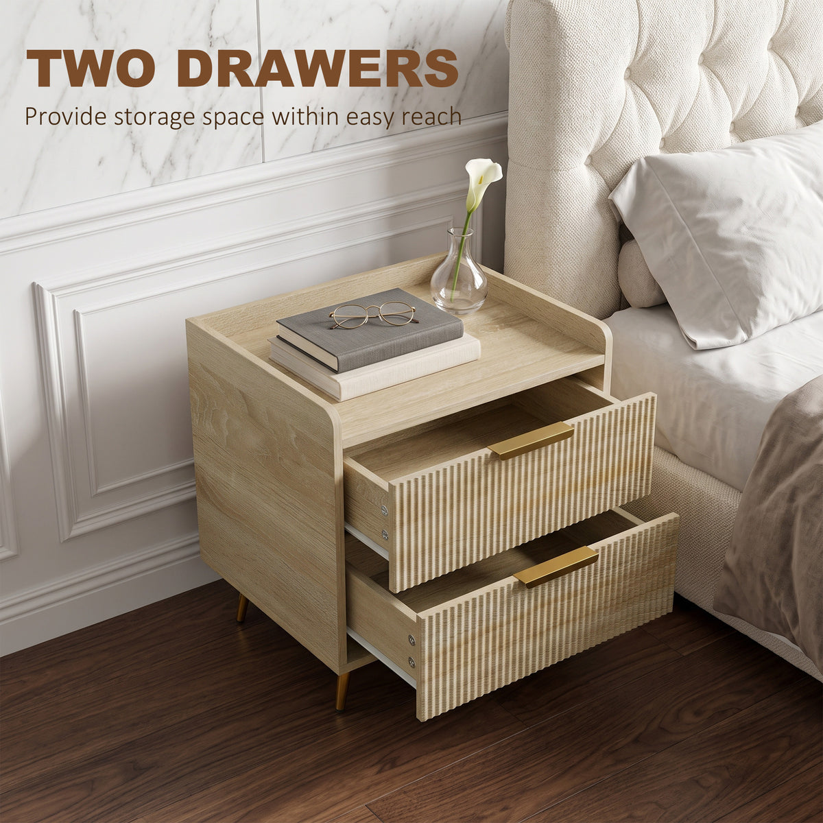 HOMCOM Bedside Table With Two Drawers Metal Legs Natural Wood Finish