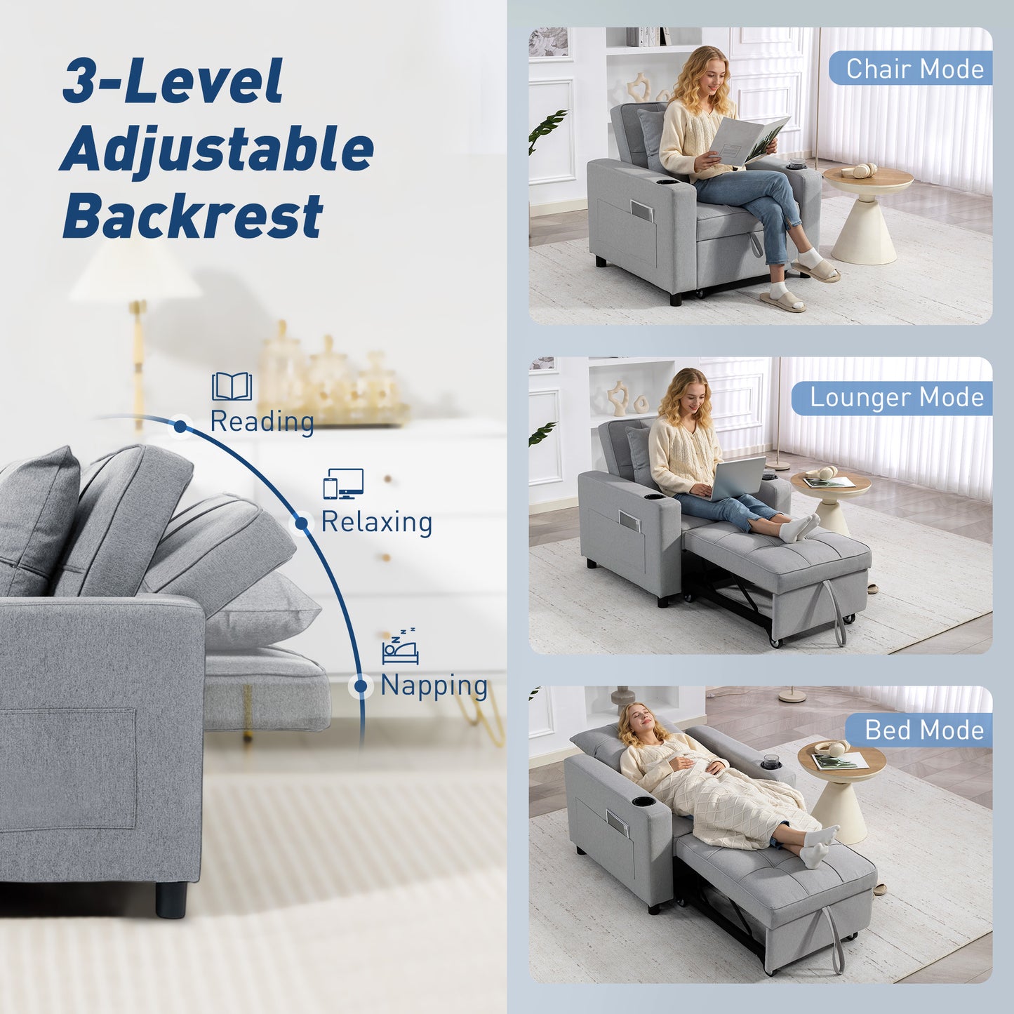 HOMCOM 3 In 1 Sofa Bed Convertible Sleeper Chair Bed With Soft Upholstery And Light Grey