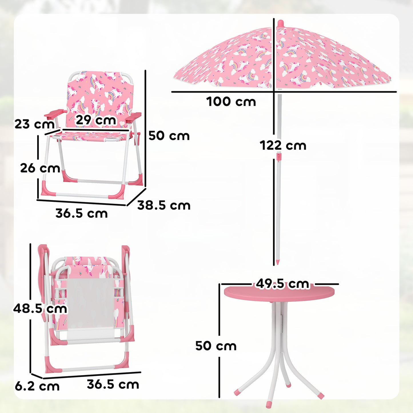 AIYAPLAY Kids Patio Table And Chair Set With Umbrella Pink Unicorn Themed Garden Furniture 4 Piece Bistro Set