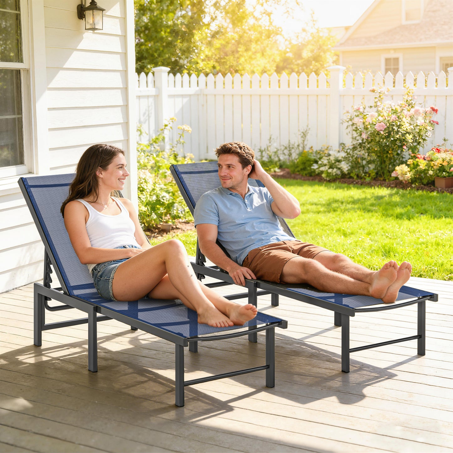 Outsunny Set Of Two Reclining Sun Loungers Five Position Adjustable Backrests Dark Blue Outdoor Garden