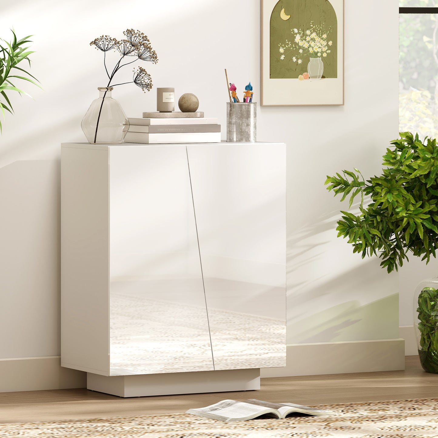 HOMCOM High Gloss Storage Cabinet Freestanding Cupboard With Adjustable Shelves For Living Room Bedroom Hallway White