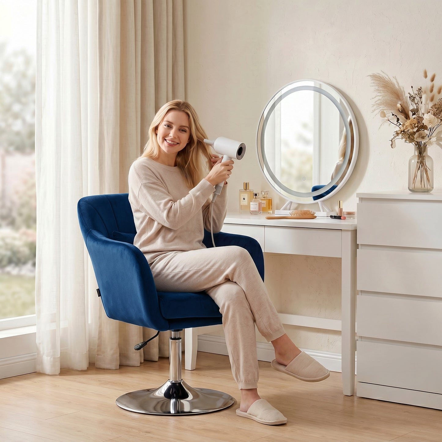 HOMCOM Retro Velvet Swivel Tub Chair With Steel Frame Cushioned Seat In Dark Blue