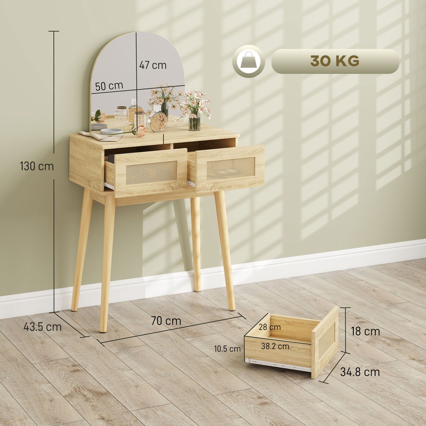 HOMCOM Compact Dressing Table Vanity Desk With Mirror And Two Drawers Natural Wood Finish