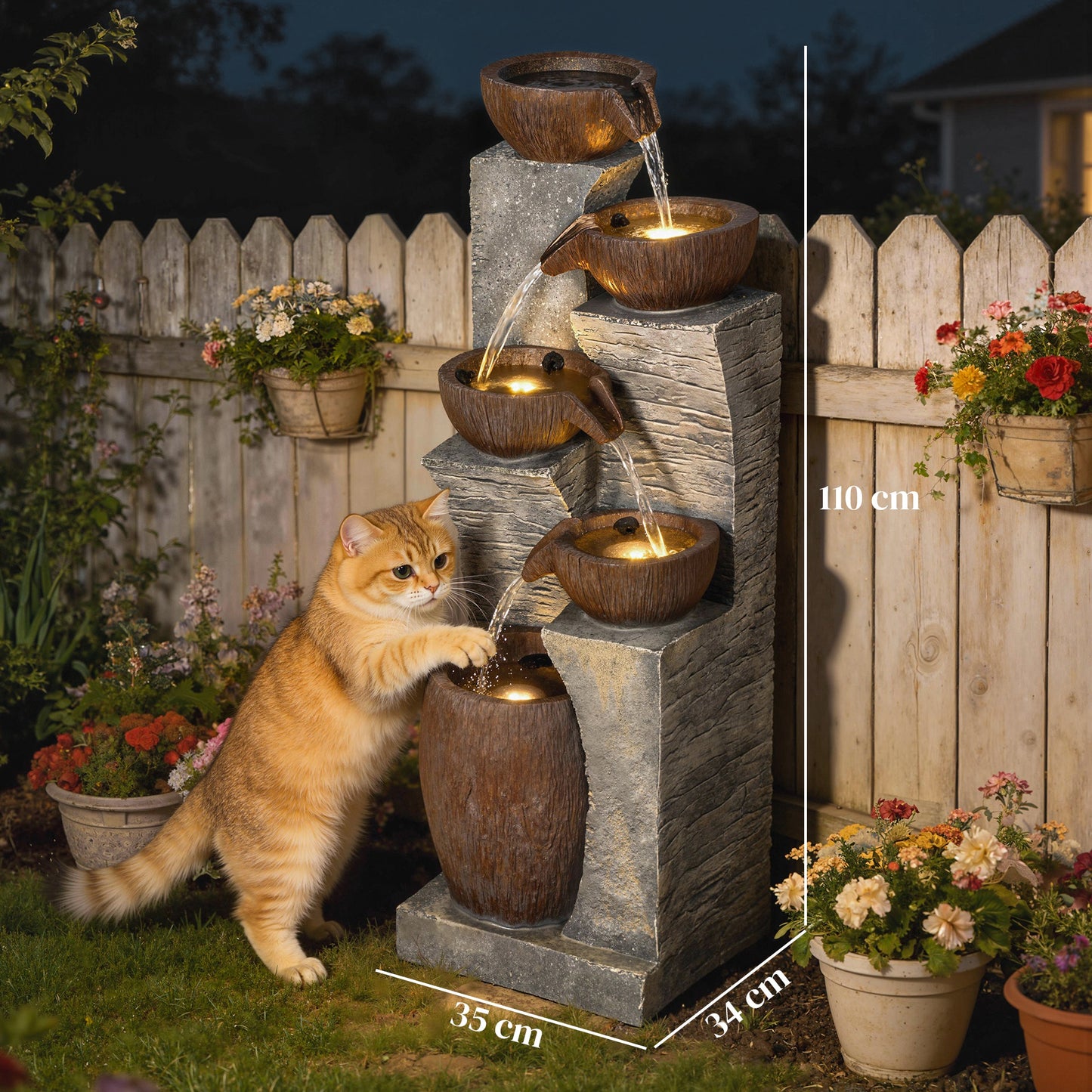 Outsunny Outdoor Fountain 5 Tier Garden Waterfall With LED Lights Adjustable Flow Grey And Rustic Brown