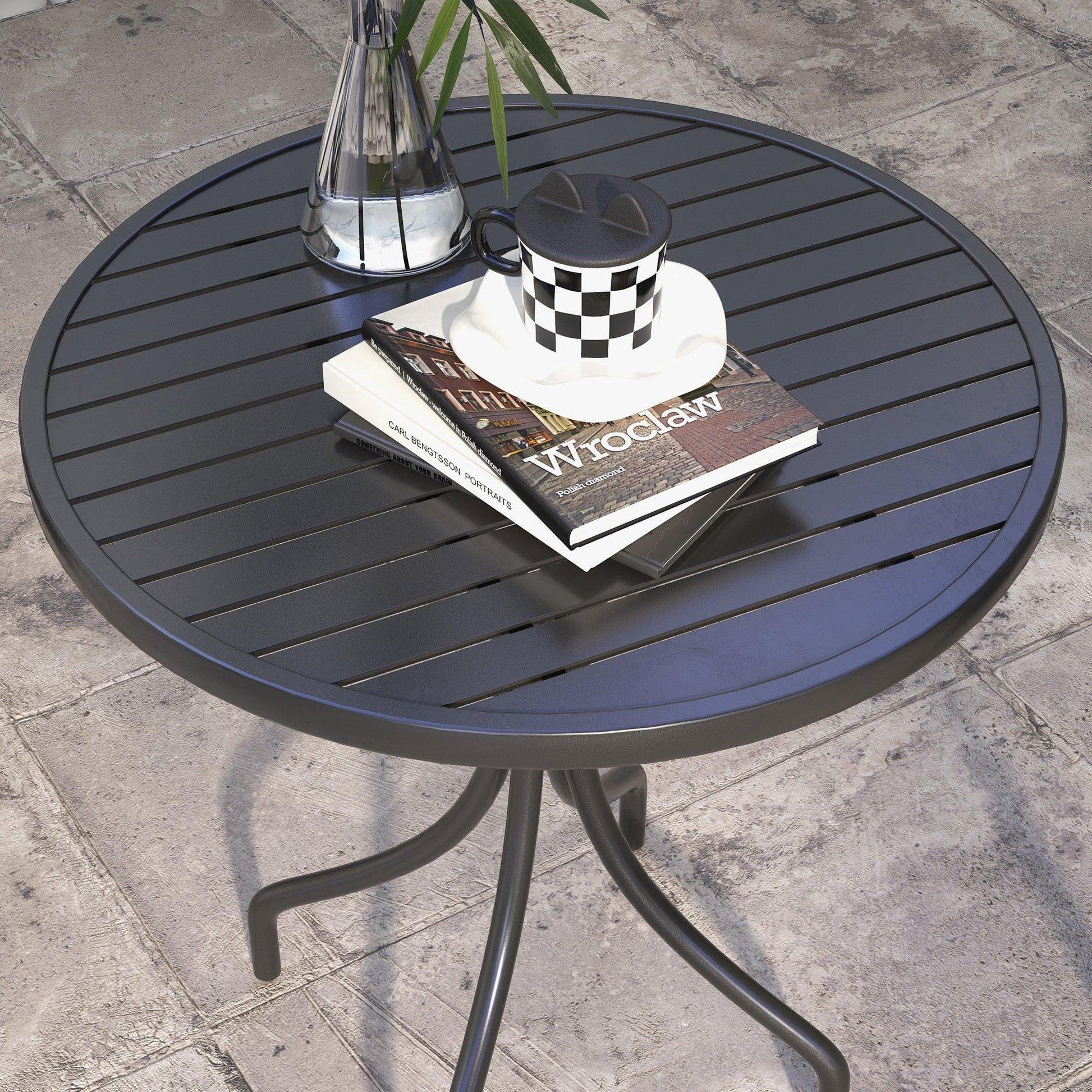 Outsunny 66cm Patio Table, Round Garden Table, Outdoor Side Table with Steel Frame and Slat Tabletop, Black - ALL4U RETAILER LTD