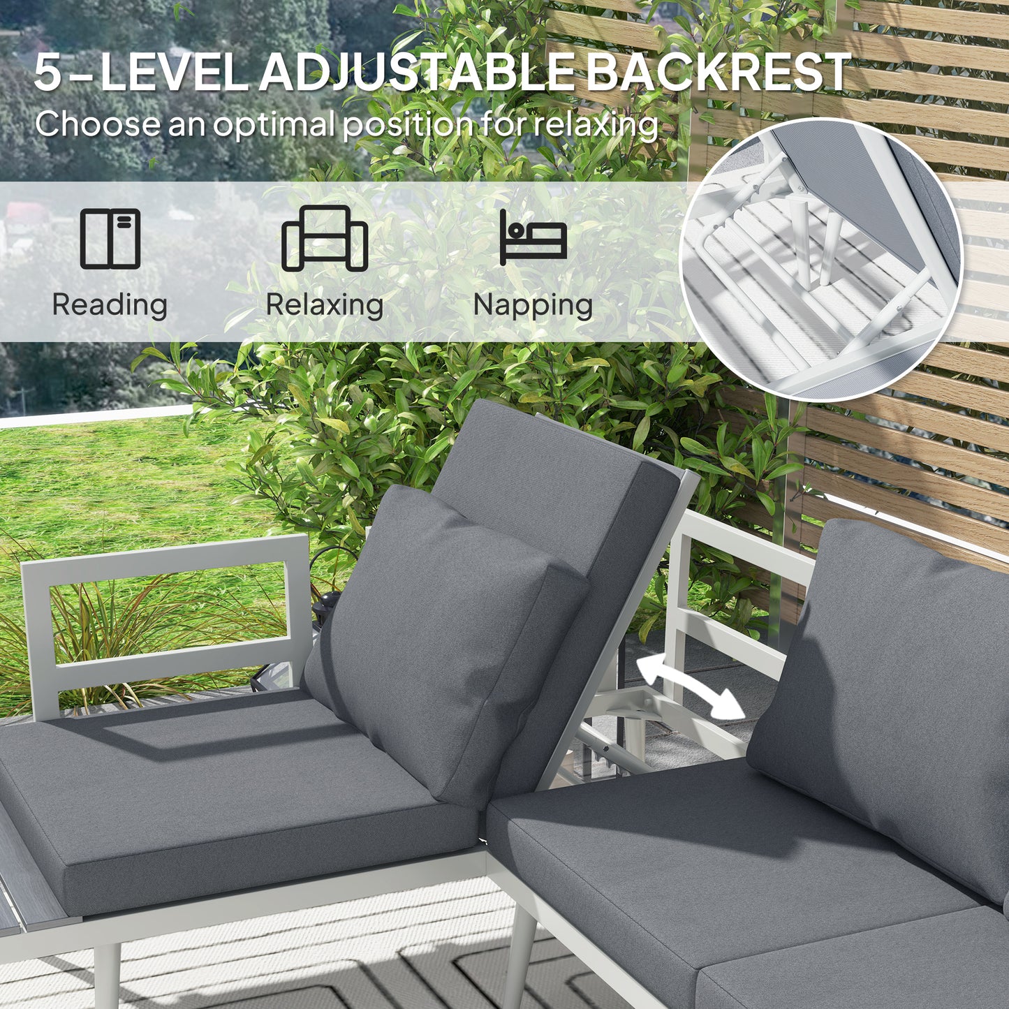 Outsunny 3 Piece Garden Furniture Set With 5 Level Adjustable Lounger And L Shaped Corner Sofa Cushions Table Grey