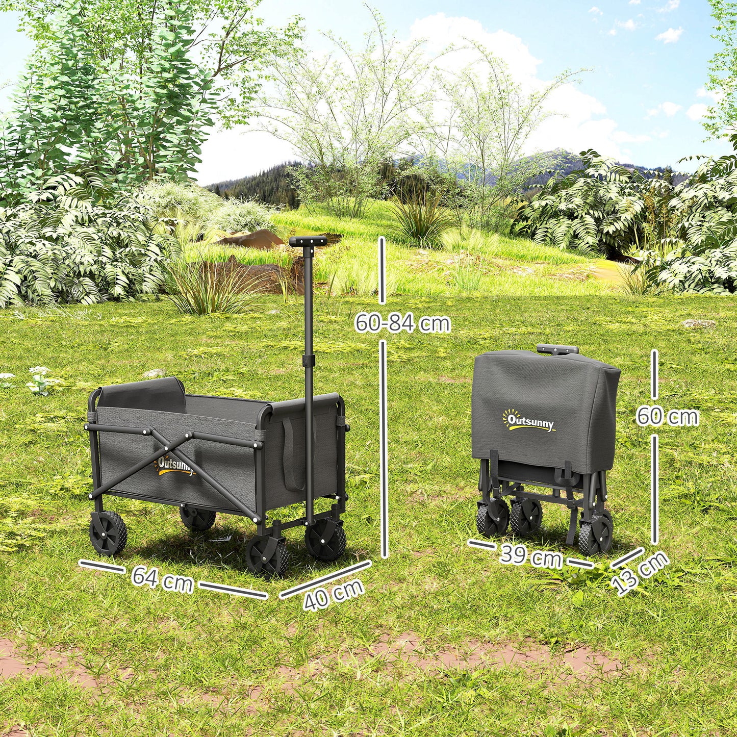 Outsunny 41L Trolley On Wheels, 60kg Heavy Duty Collapsible Folding Wagon With Adjustable Handle And Carry Bag Grey