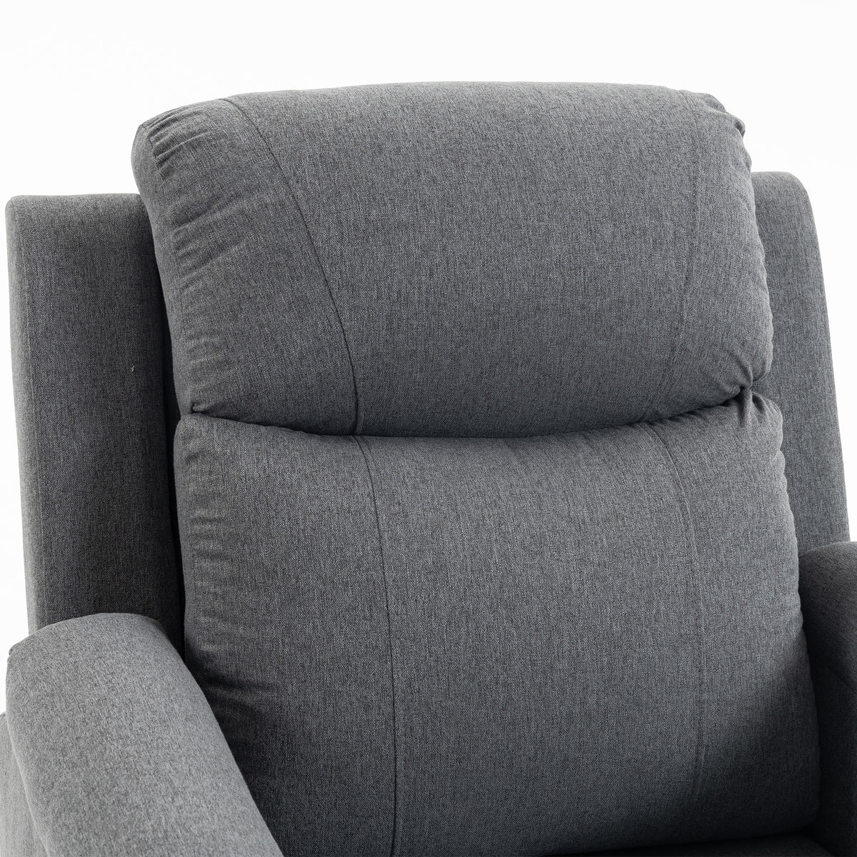 Gray recliner chair close-up showing headrest and thick padded backrest