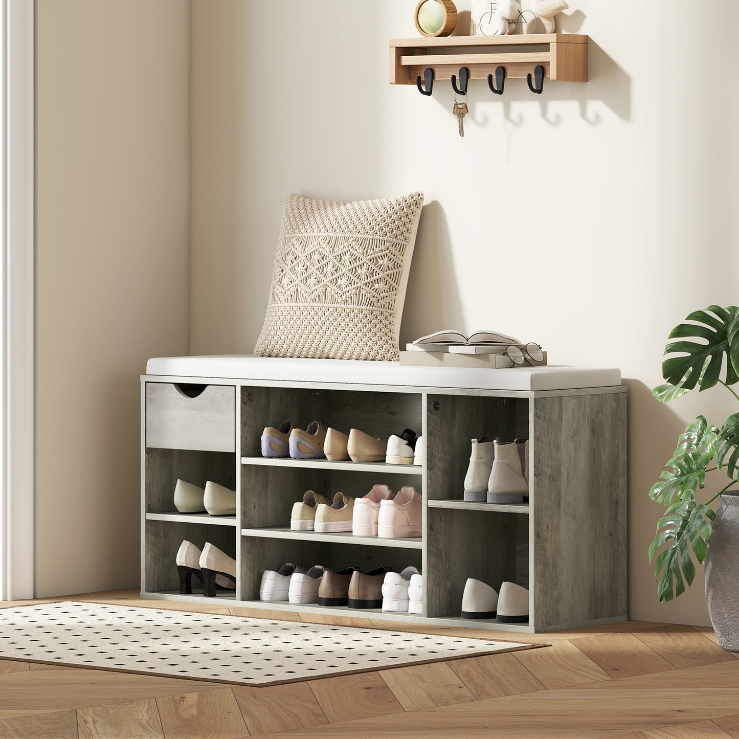 HOMCOM Shoe Storage Bench With Padded Cushion Grey For Entryway With Large Capacity And Easy Access