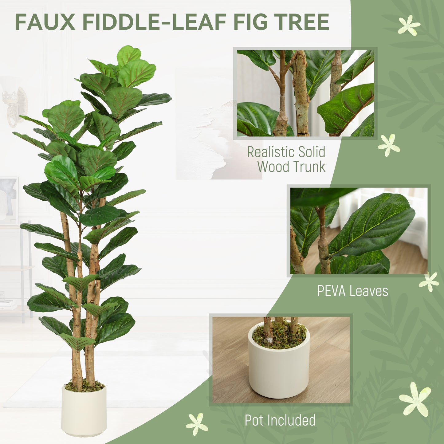Homcom 150cm Artificial Fiddle Leaf Fig Tree Lifelike Green Leaves With Natural Wood Stem Maintenance Free Indoor Plant