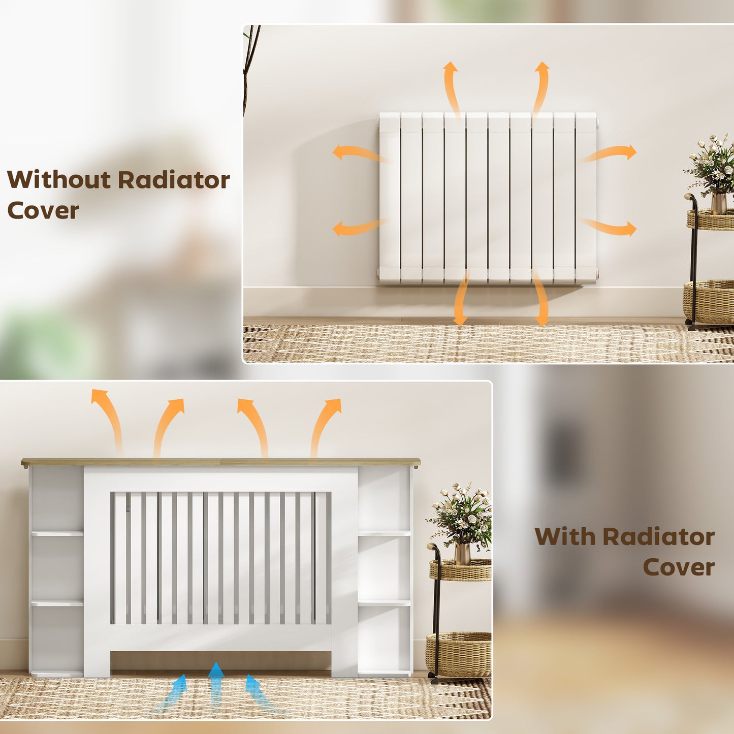 HOMCOM Radiator Cover With Open Storage Shelves Vertical Slatted Cabinet Heater Cover For Living Room Hallway White