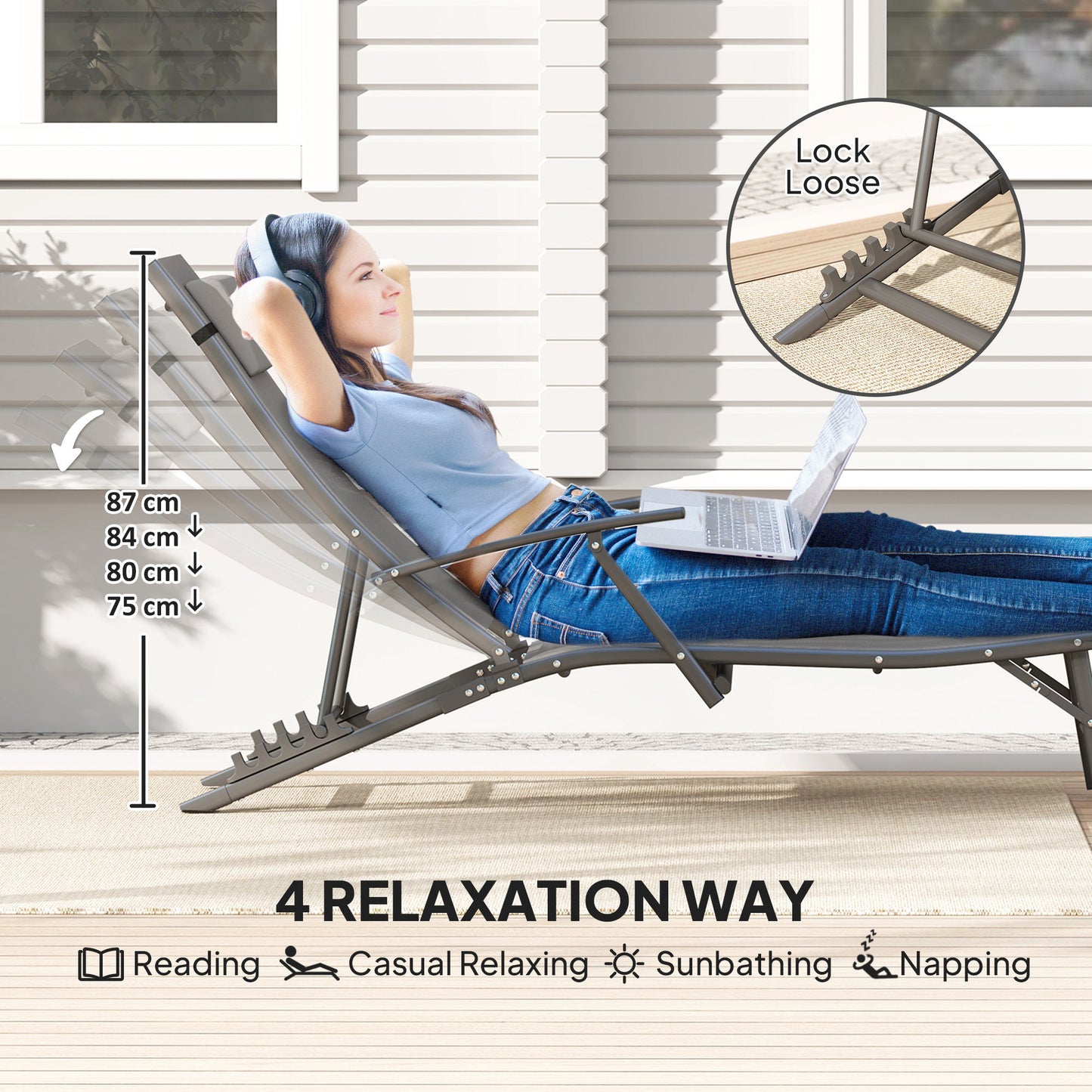 Outsunny Set of Two Adjustable Back Sun Loungers in Grey with Quick Dry Mesh and Head Pillows