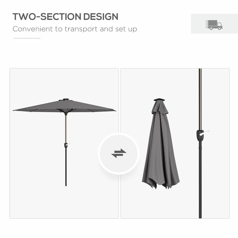 Outsunny Charcoal Grey Garden Parasol with LED Lights, Solar Charged Patio Umbrella - Outdoor Umbrella with Crank Handle for Enhanced Lighting and Convenience