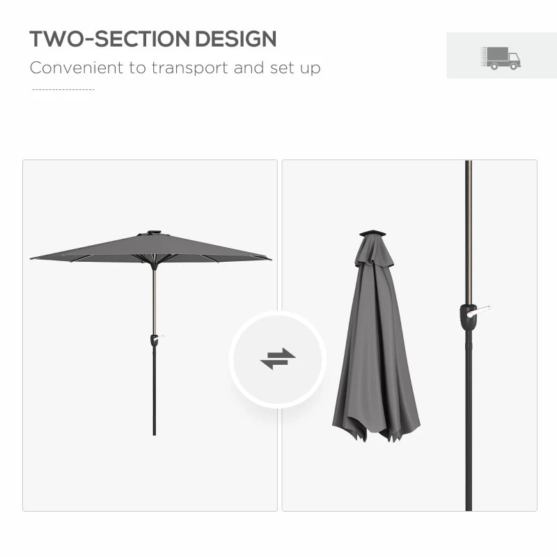 Outsunny Charcoal Grey Garden Parasol with LED Lights, Solar Charged Patio Umbrella - Outdoor Umbrella with Crank Handle for Enhanced Lighting and Convenience - ALL4U RETAILER LTD