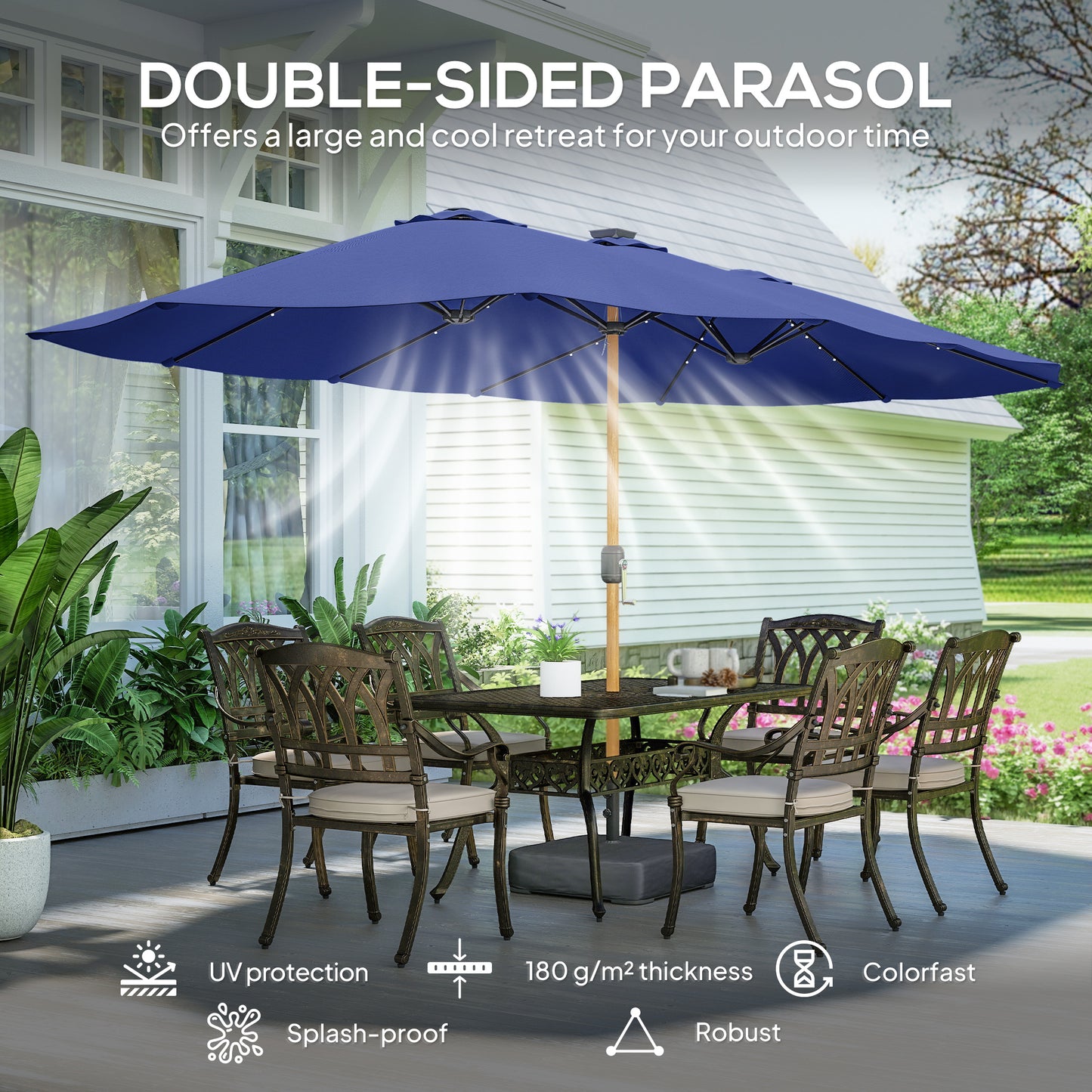 Outsunny Double Sided Garden Parasol With Base Included 48 Solar LED Lights Patio Umbrella Crank Handle 4.6m Dark Blue