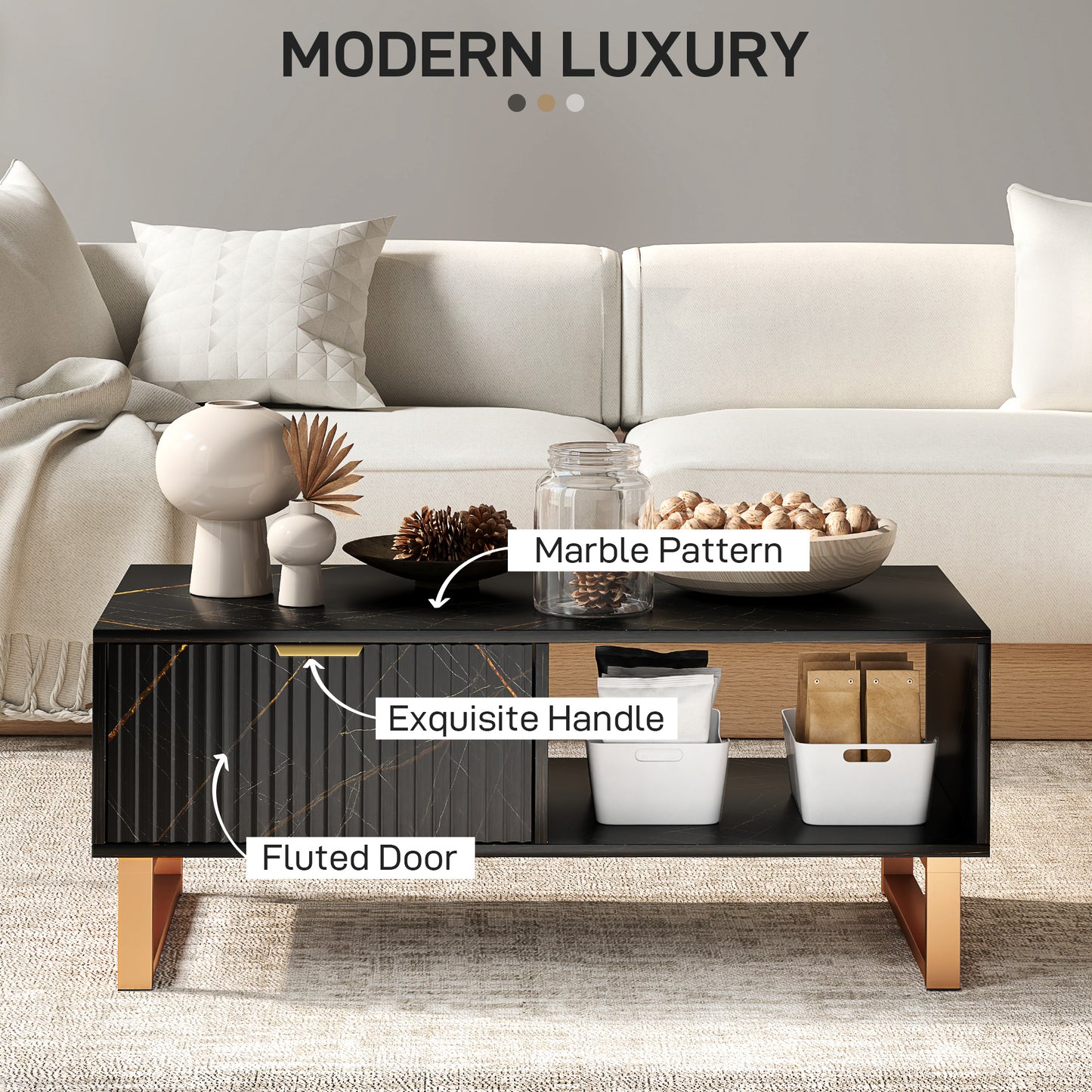 HOMCOM Marble Effect Storage Coffee Table With Drawer And Shelves In Black With Steel Legs