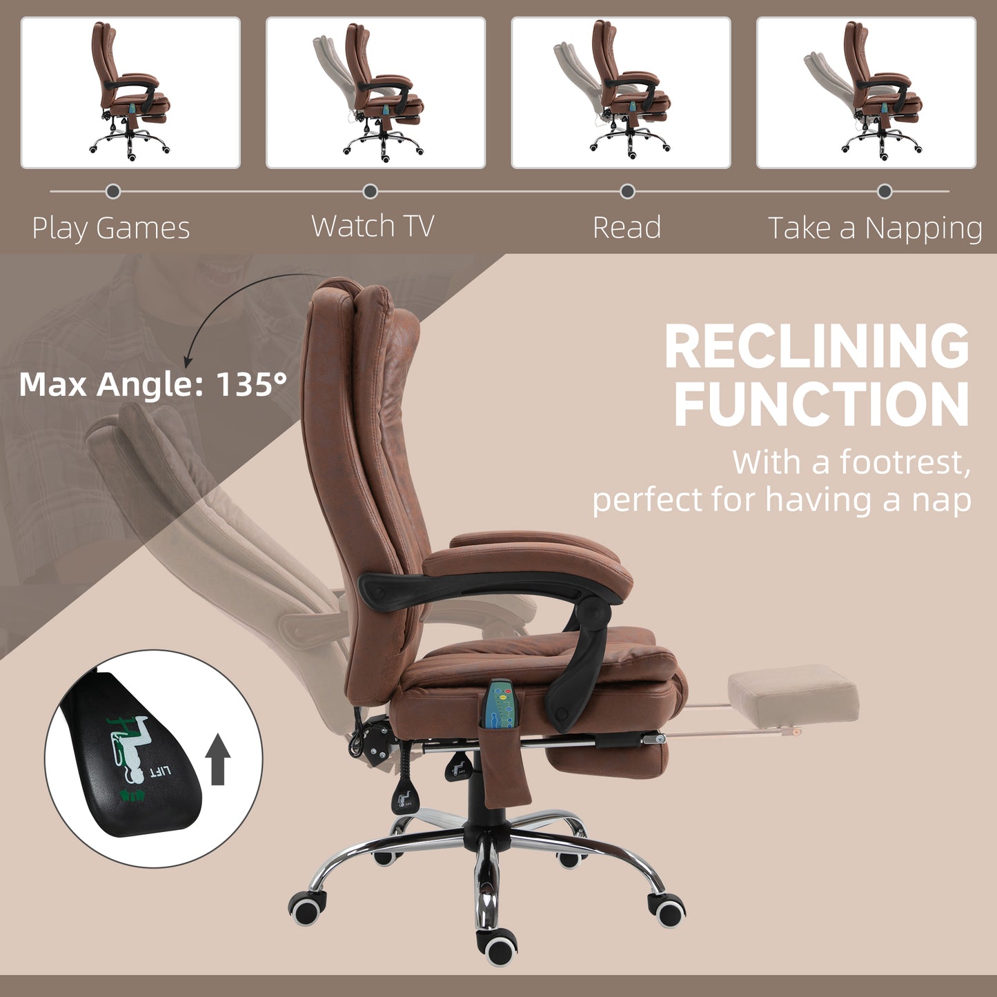 Vinsetto Heated Reclining Massage Office Chair with Footrest, Brown Microfibre High Back Design - ALL4U RETAILER LTD