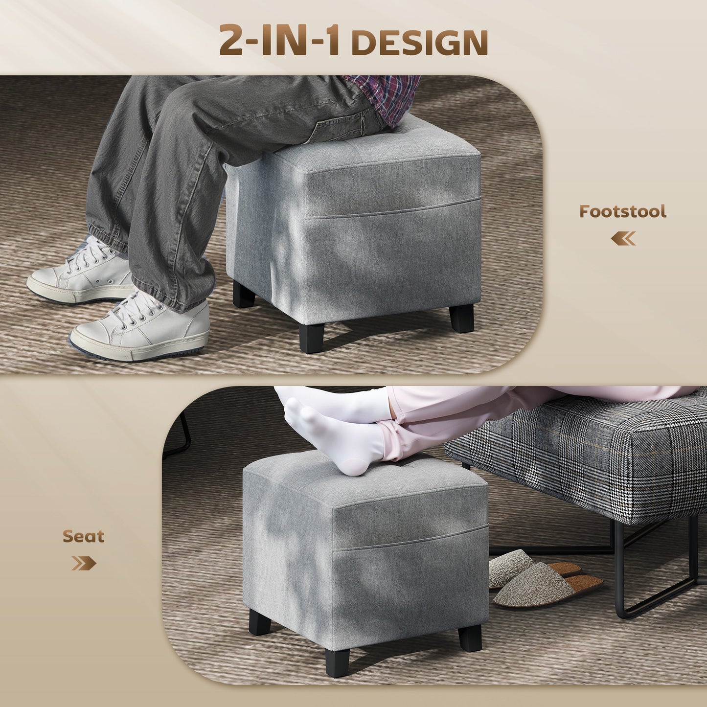 HOMCOM Square Footstool With Side Pocket Storage Ottoman Linen Fabric Footrest 35x35x35 cm Light Grey