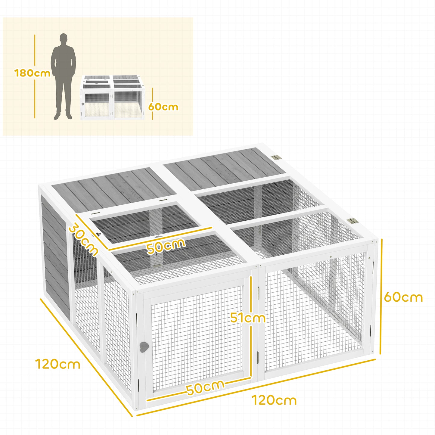 Light Grey PawHut Rabbit Hutch with Convenient Openable Roof - ALL4U RETAILER LTD