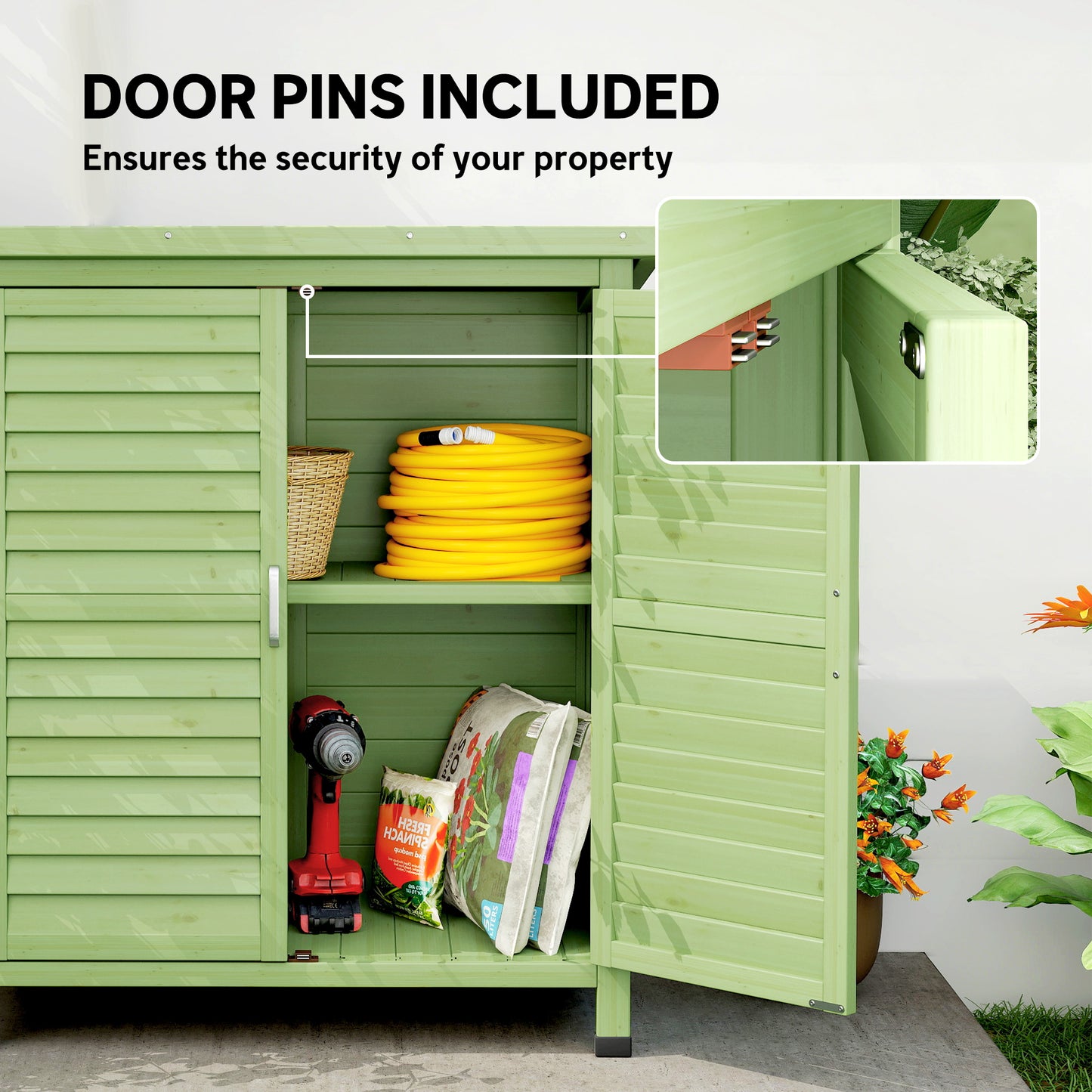 Outsunny Garden Storage Cabinet Solid Fir Wood With Protective Top Coat 2 Door Green 87L x 46.5W x 96.5H cm