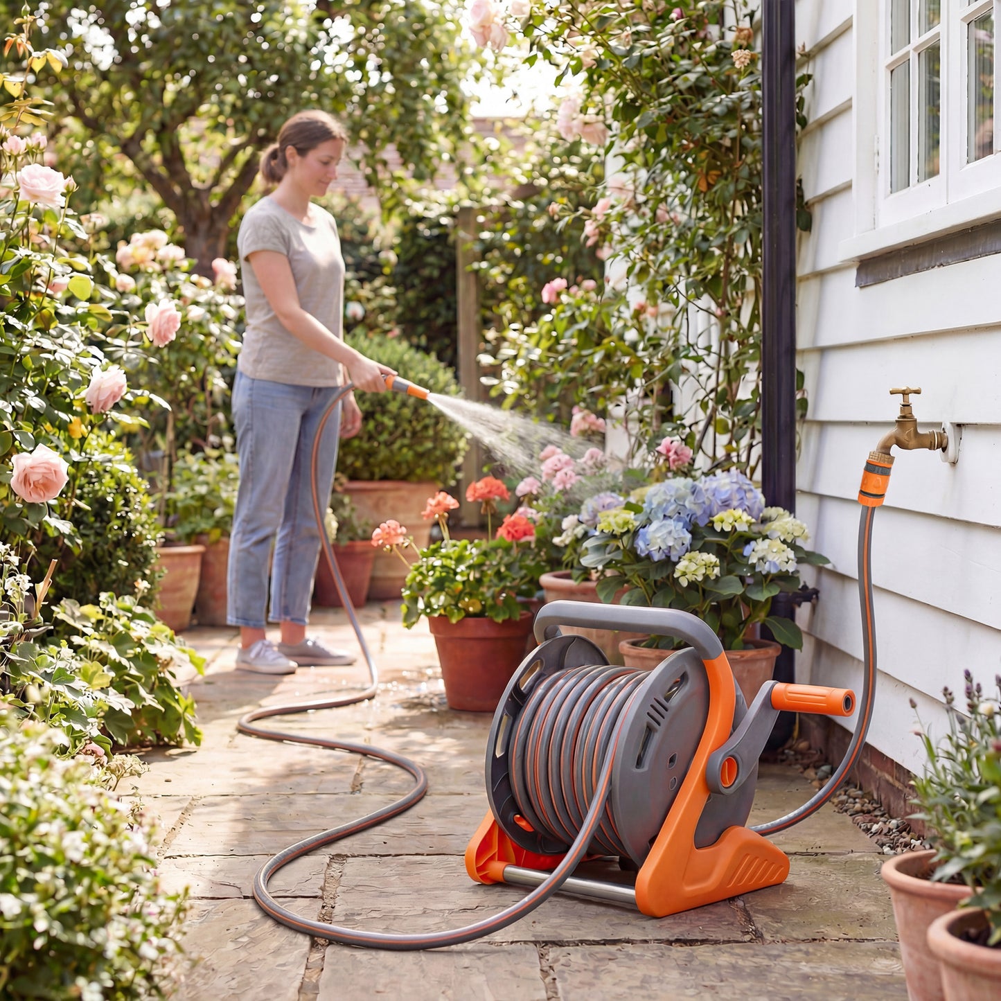Outsunny Wall Mounted Garden Hose Reel 20m Plus 2m With Crank Handle And Dual Pattern Spray Nozzle Orange
