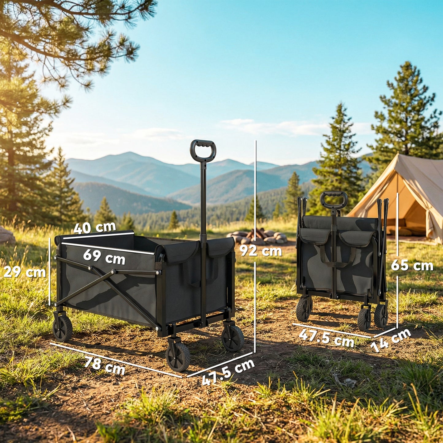 Outsunny 81L Festival Trolley On Wheels Compact Garden Folding Trolley Cart With Adjustable Handle Black